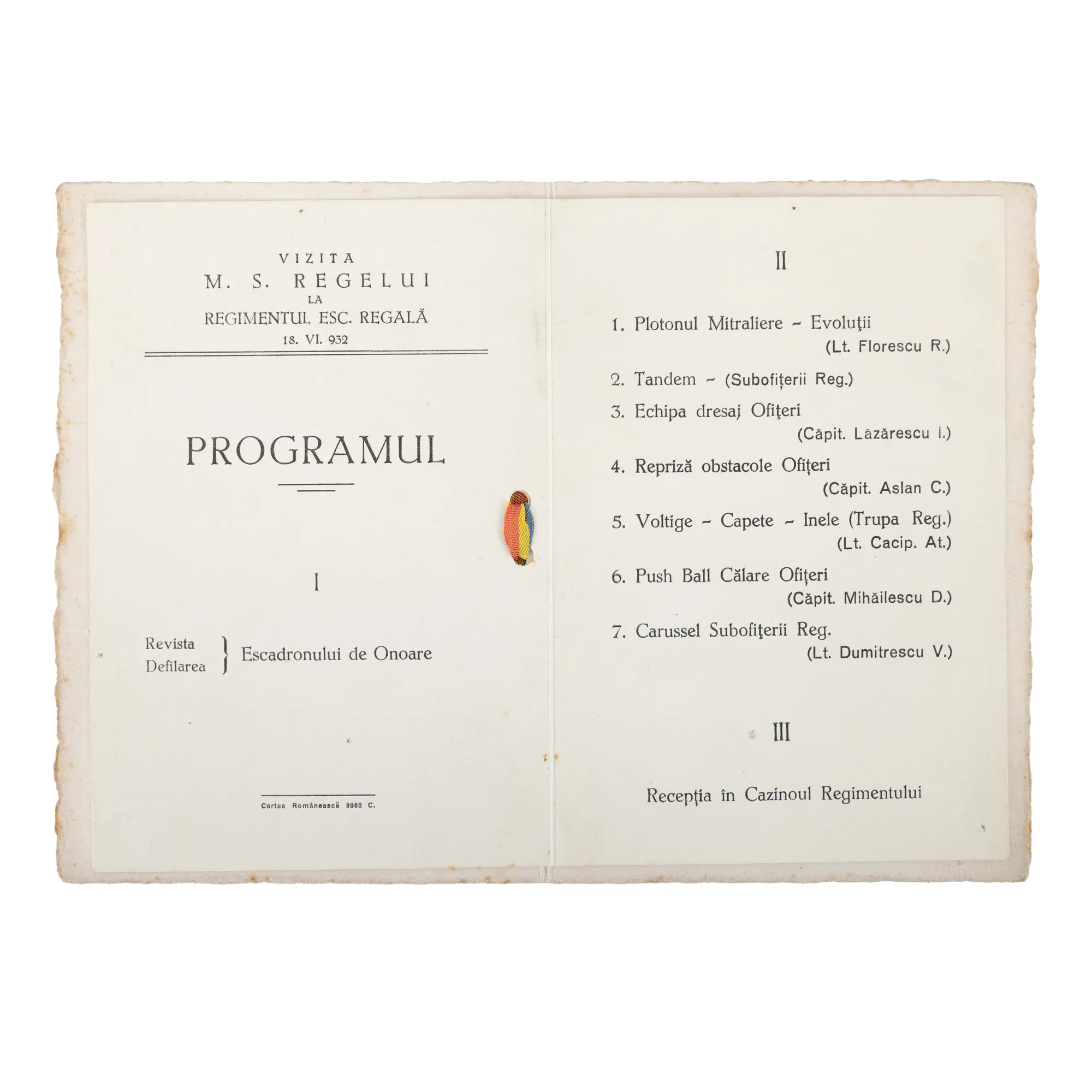 The Schedule of King Carol II's Visit to the Royal Escort Regiment, June 18, 1932