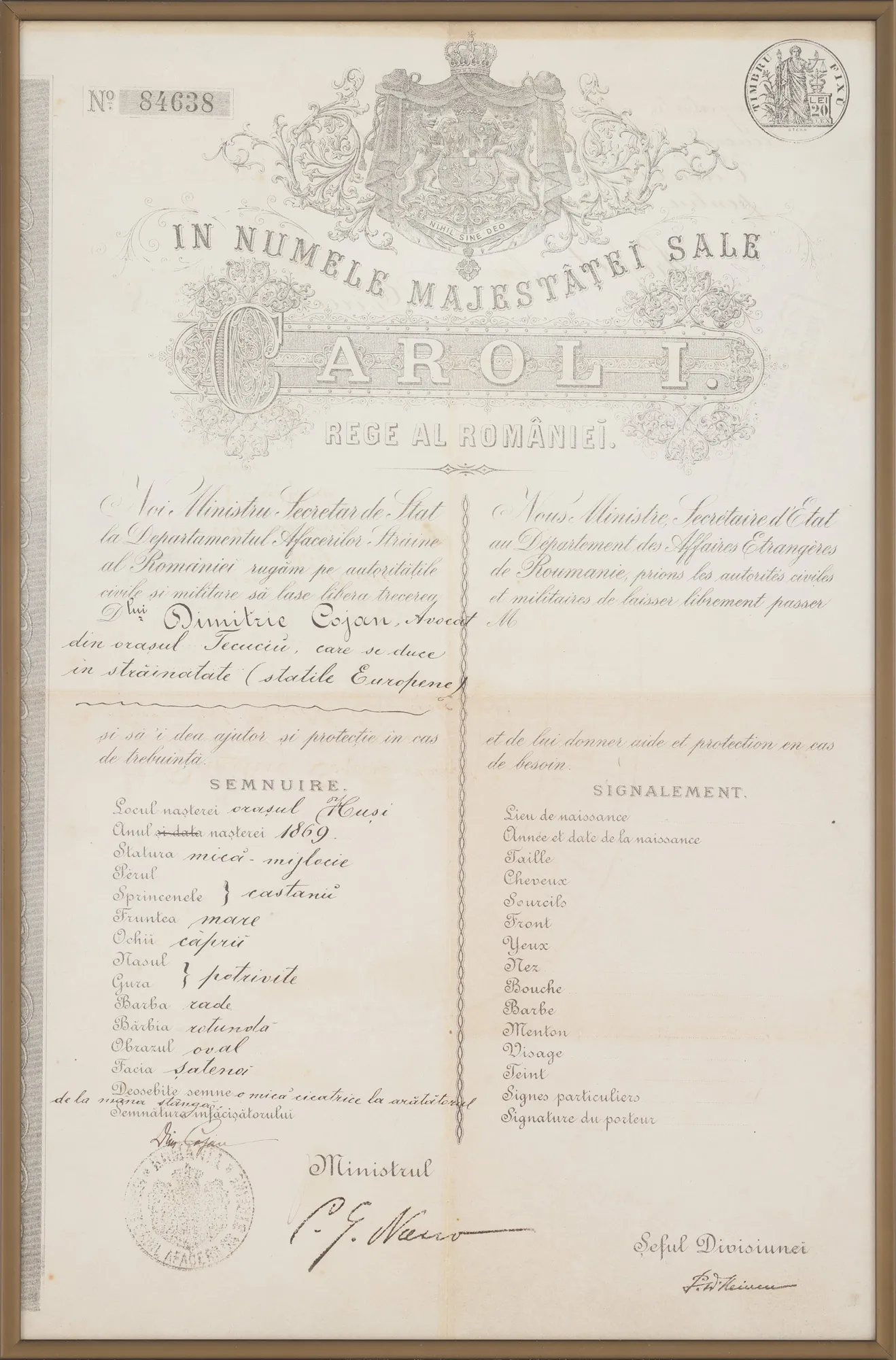 Pașaport emis în perioada Regelui Carol I, 1903
