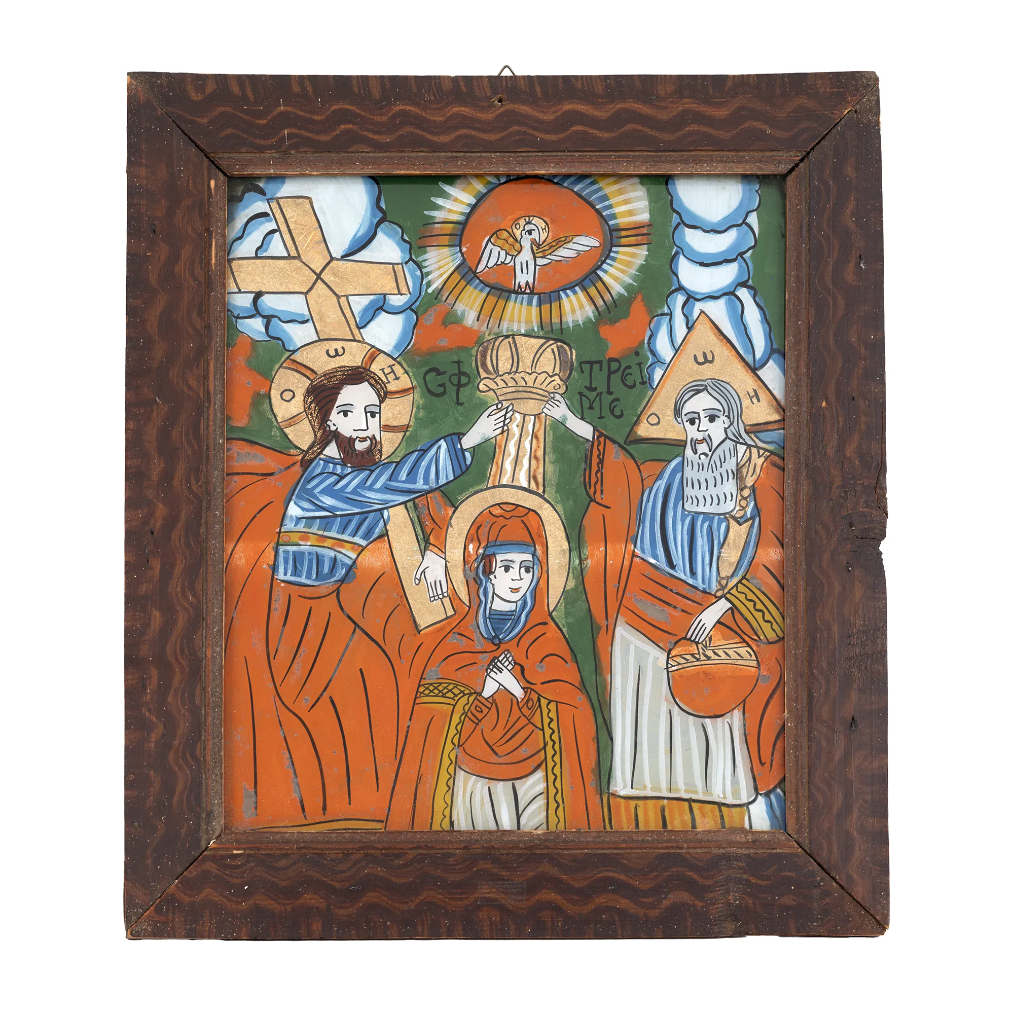 Icon on glass, "The Holy Trinity (Coronation of the Virgin)", workshop from Şcheii Braşovului, second half of the 19th century