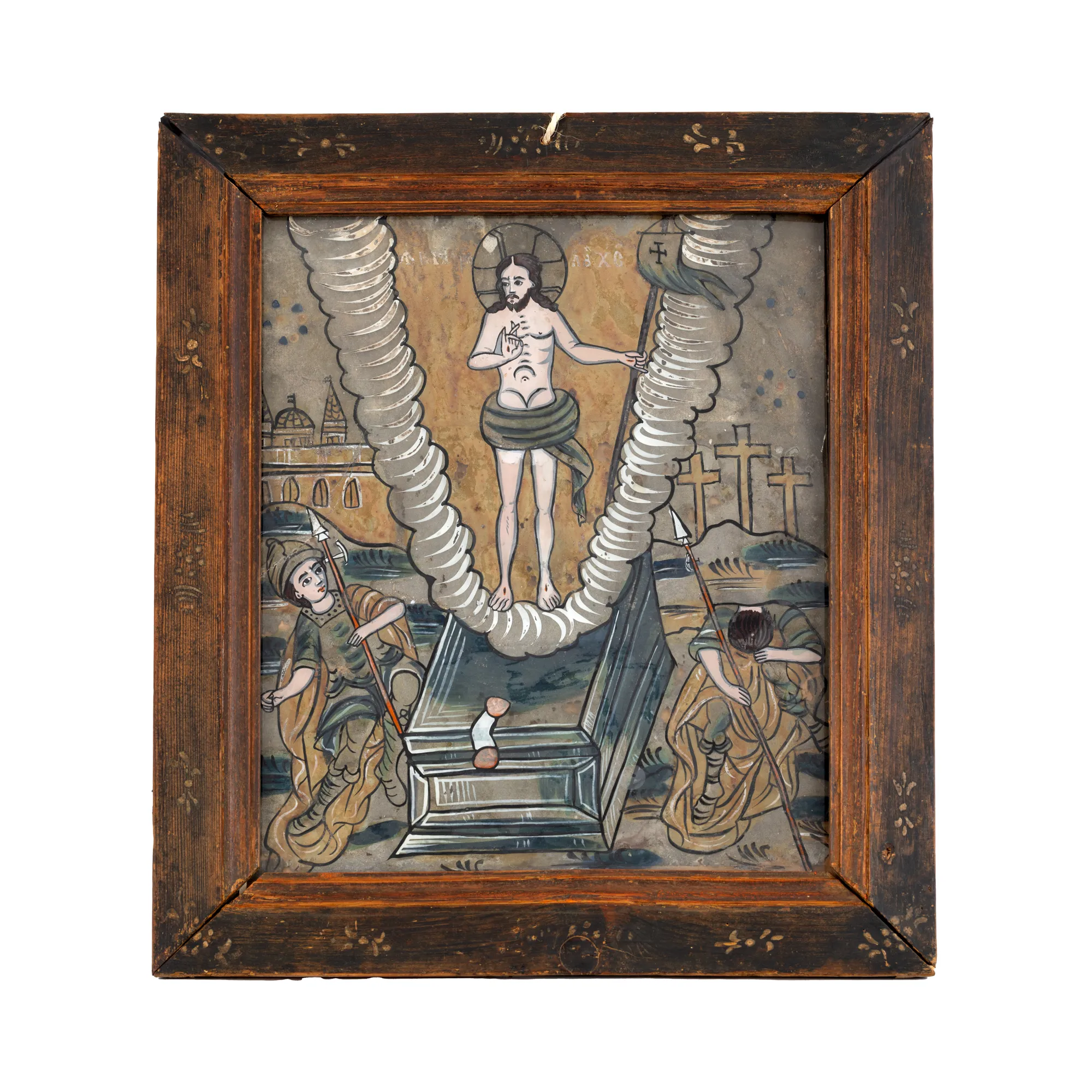 Icon on glass, "Resurrection of the Lord", painted frame, attributed to the painter Nicolae Oancea from Vale, Marginea Sibiu, mid 19th century, rare collection piece