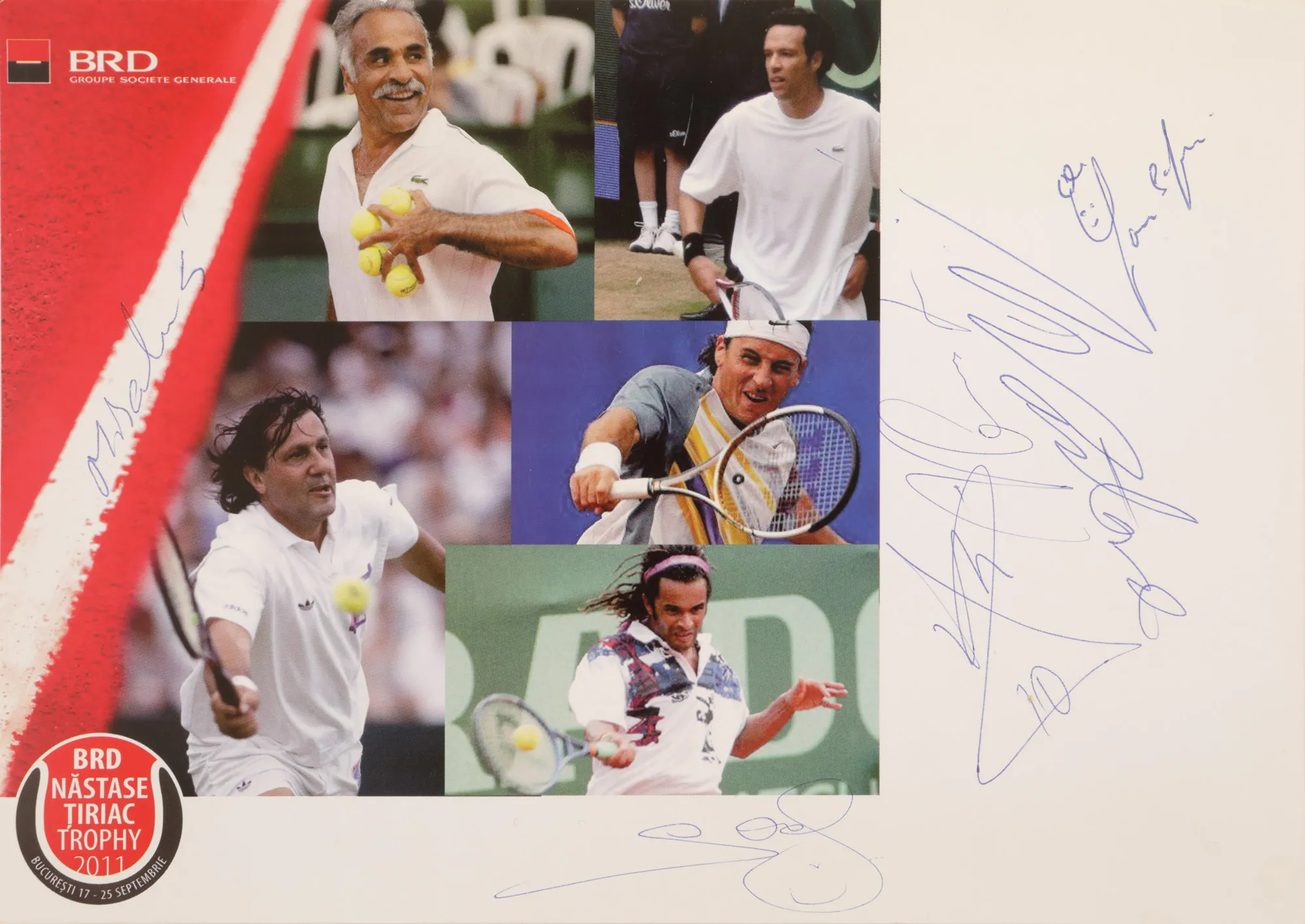 Pliant publicitar al turneului de tenis BRD Năstase Țiriac Trophy 2011, cu semnăturile olografe ale lui  Ilie Năstase, Andrei Pavel, Yannick Noah, Mansour Bahrami, Younes El Aynaoui