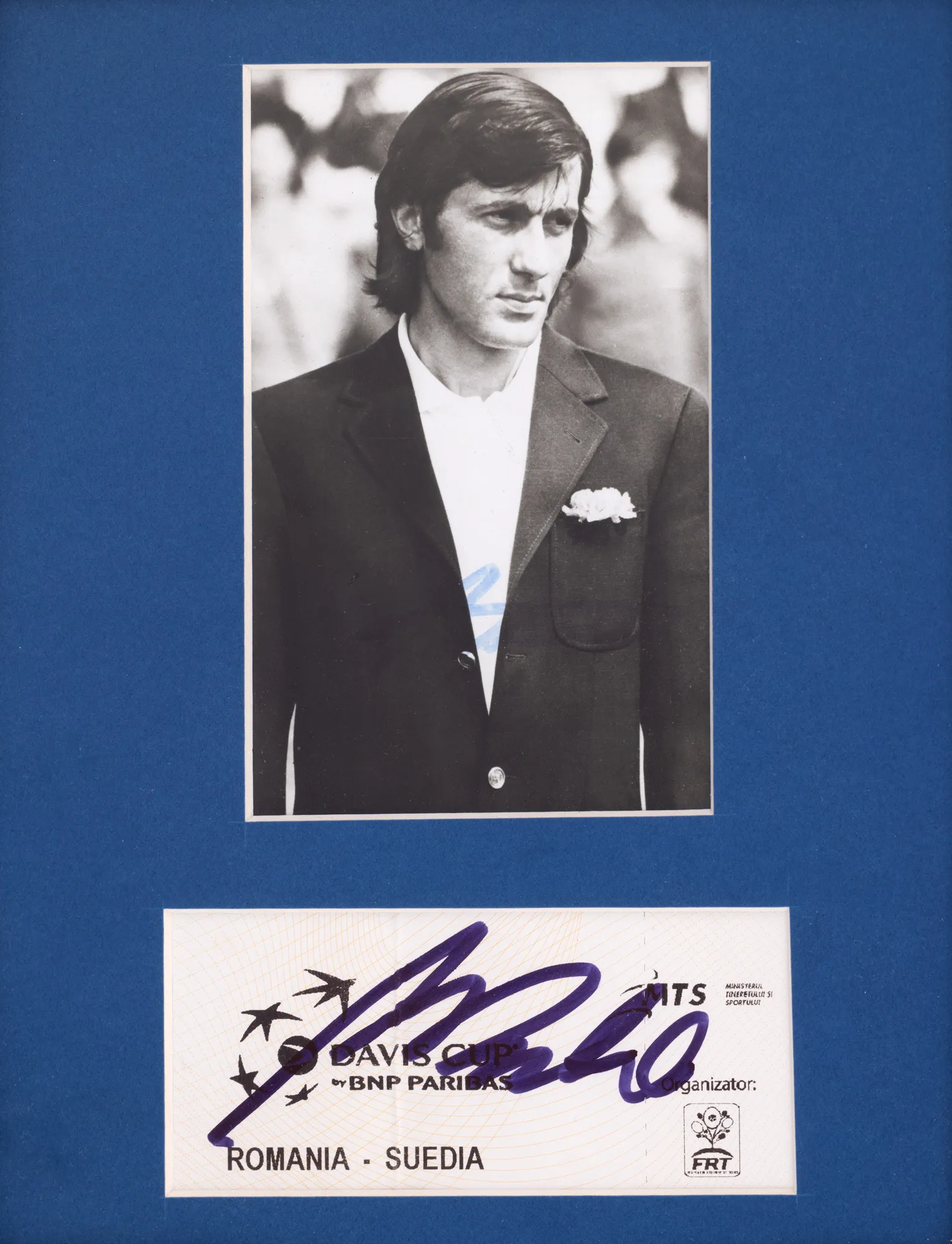 Lot consisting of a photograph depicting Ilie Năstase, along with a ticket bearing his handwritten signature, from the match between Romania-Sweden, Davis Cup.