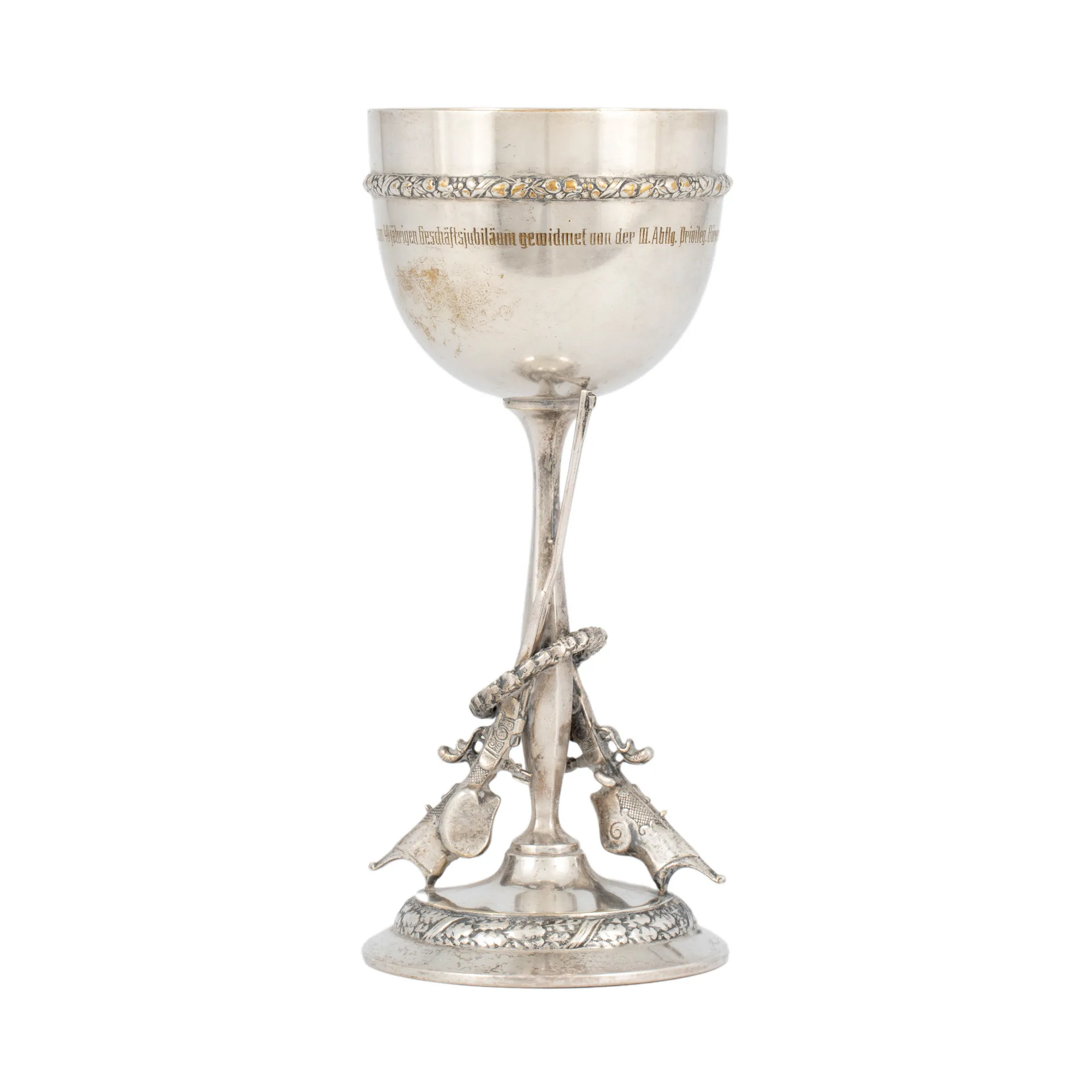 Silver-plated hunting trophy WMF, decorated with two rifles, flower garlands, German inscription, cca. 1937