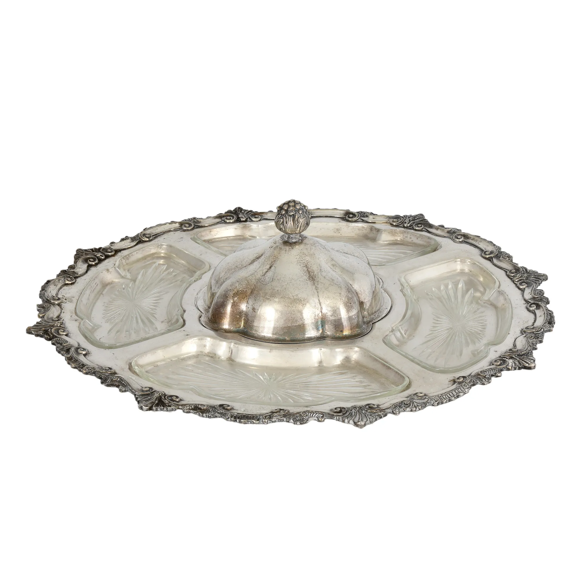 Rotary appetizer platter, decorated with Rocaille motifs, central lid and four crystal containers
