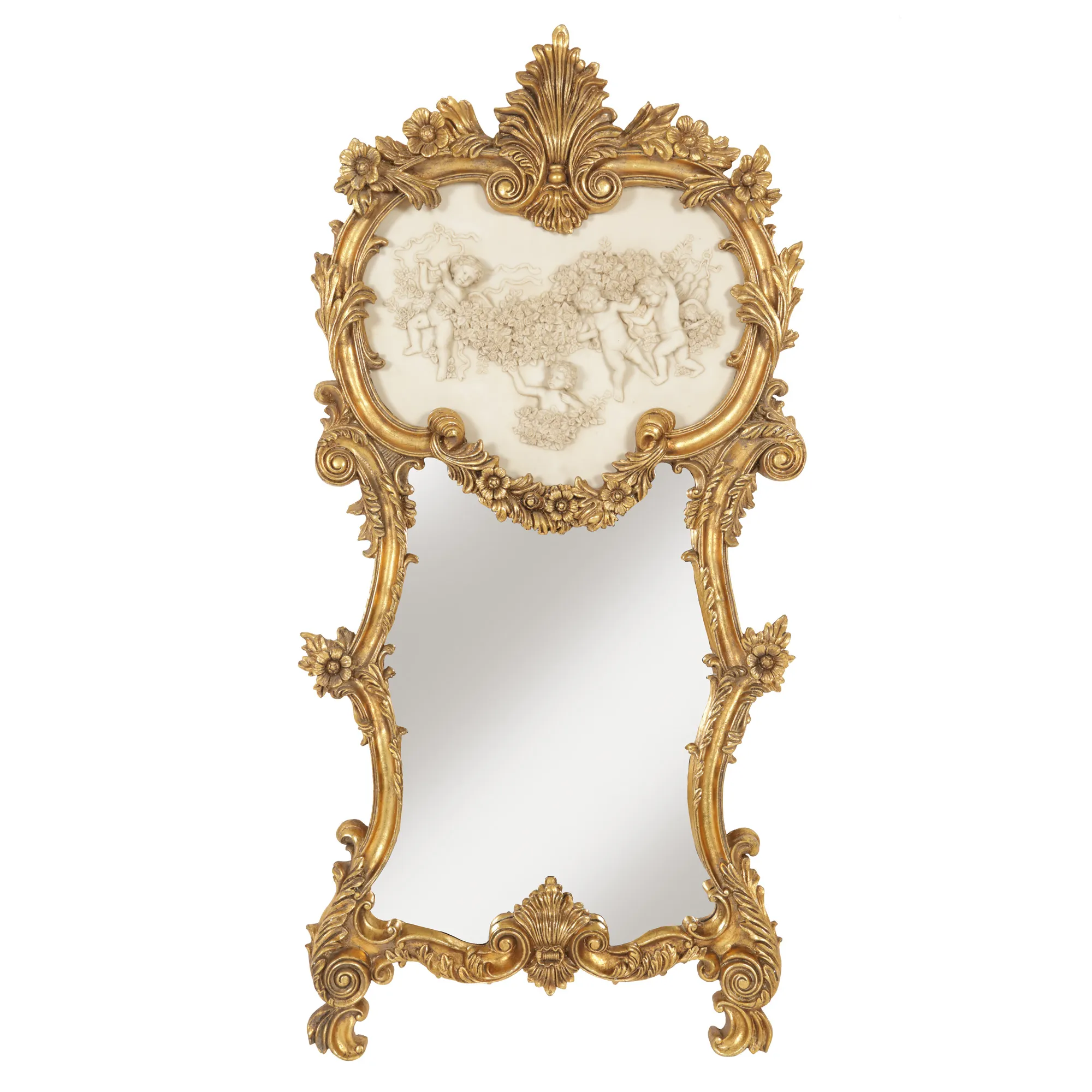 Rococo style mirror, gilded wood, with decorative panel illustrating putti