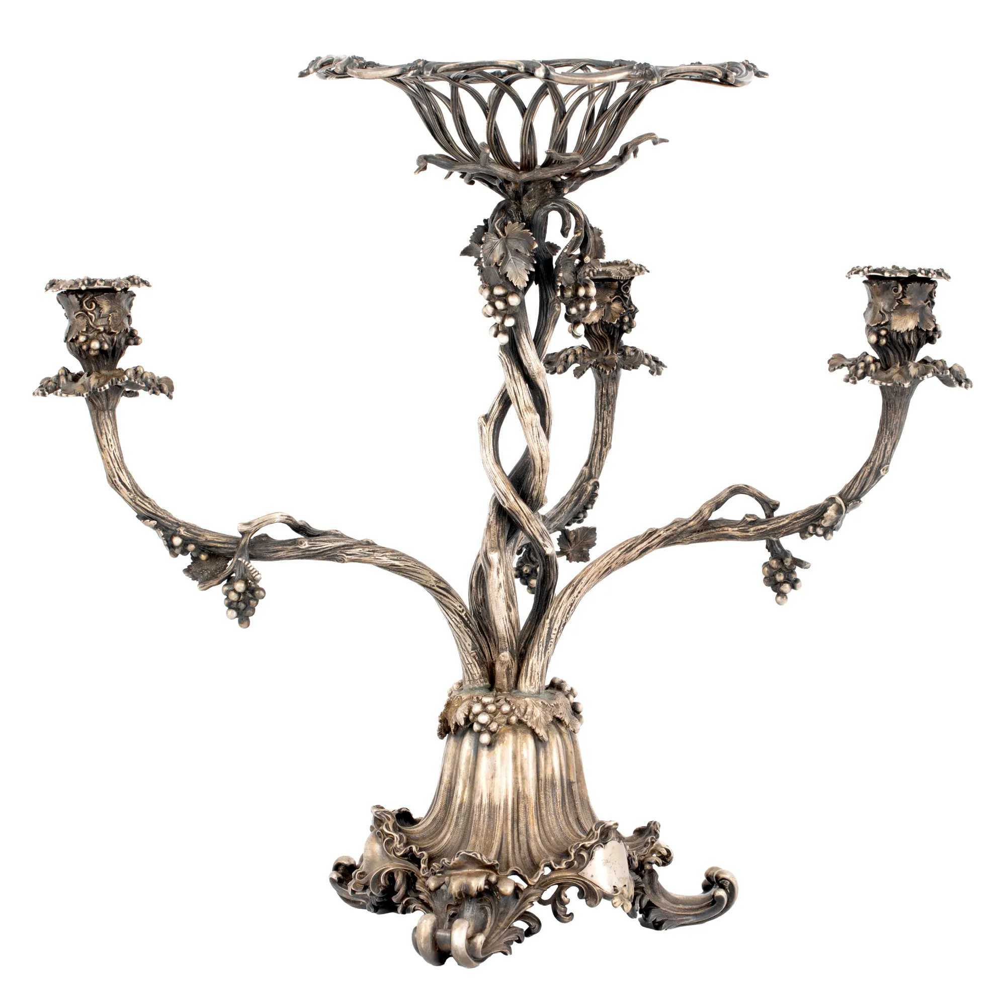 WMF Silver Plated Centerpiece with Three Interchangeable Arms, for Candles, Decorated with Grapevine Motif, c.1900