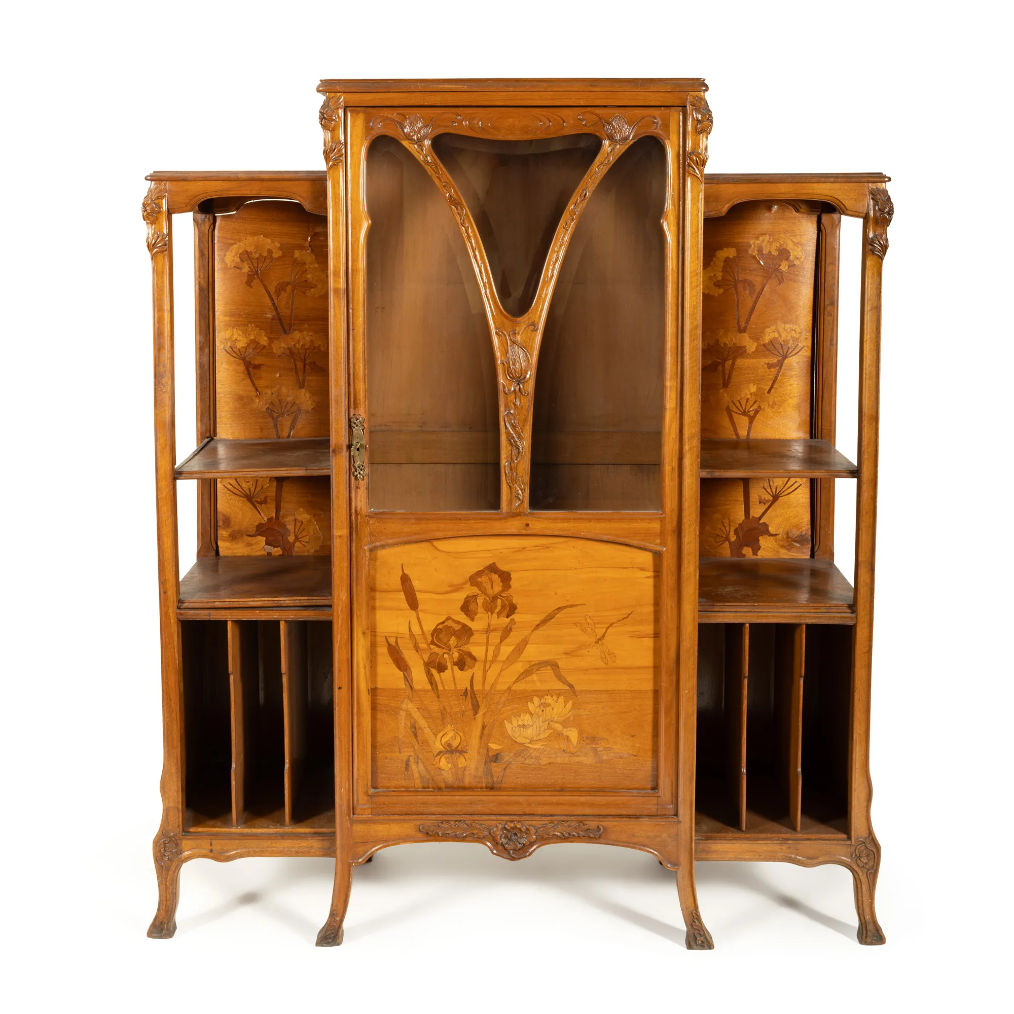 Gallé Showcase, in Art Nouveau style, made of walnut wood, inlaid with iris flowers, water lilies and dragonfly, circa 1905