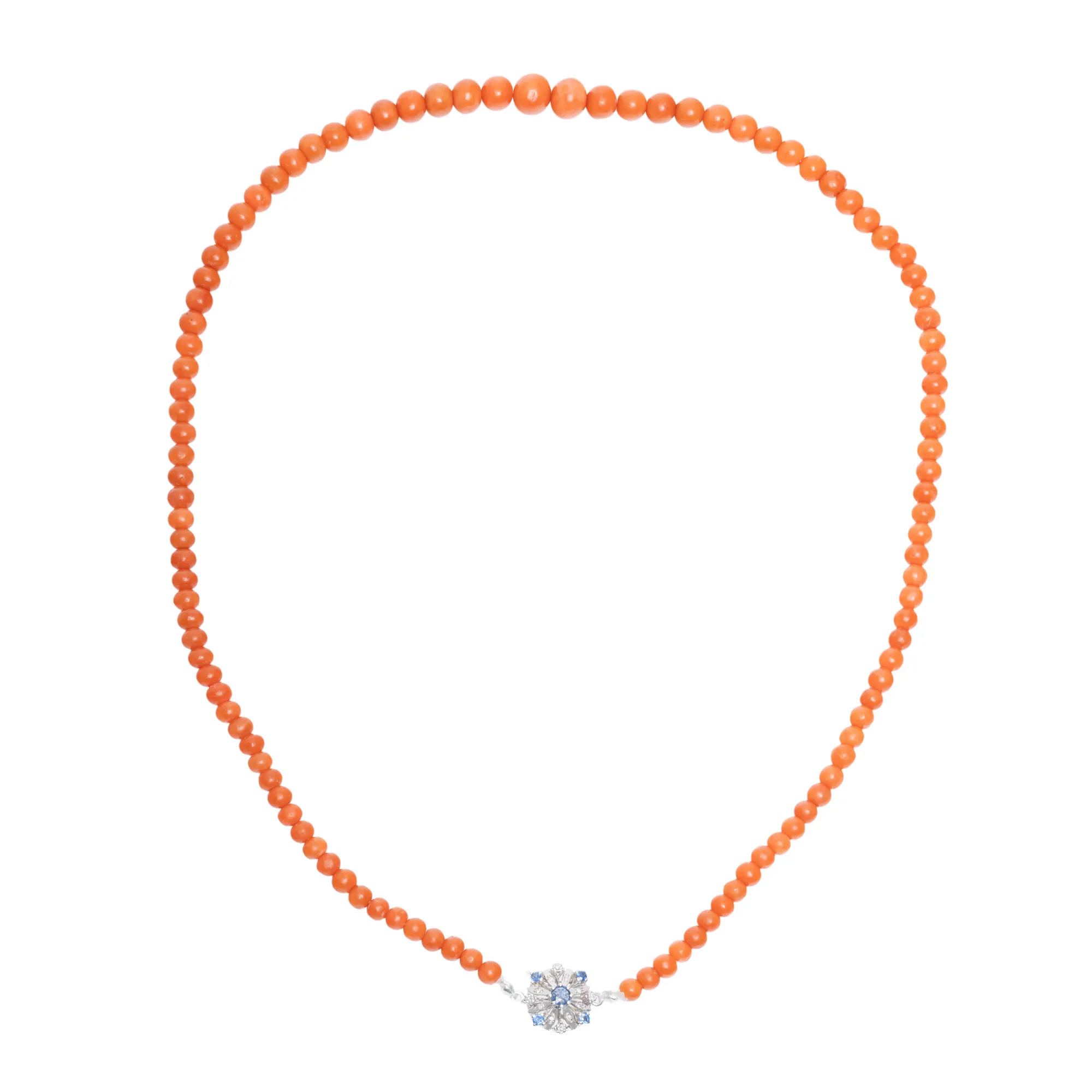 White gold necklace, decorated with corals, sapphires and diamonds