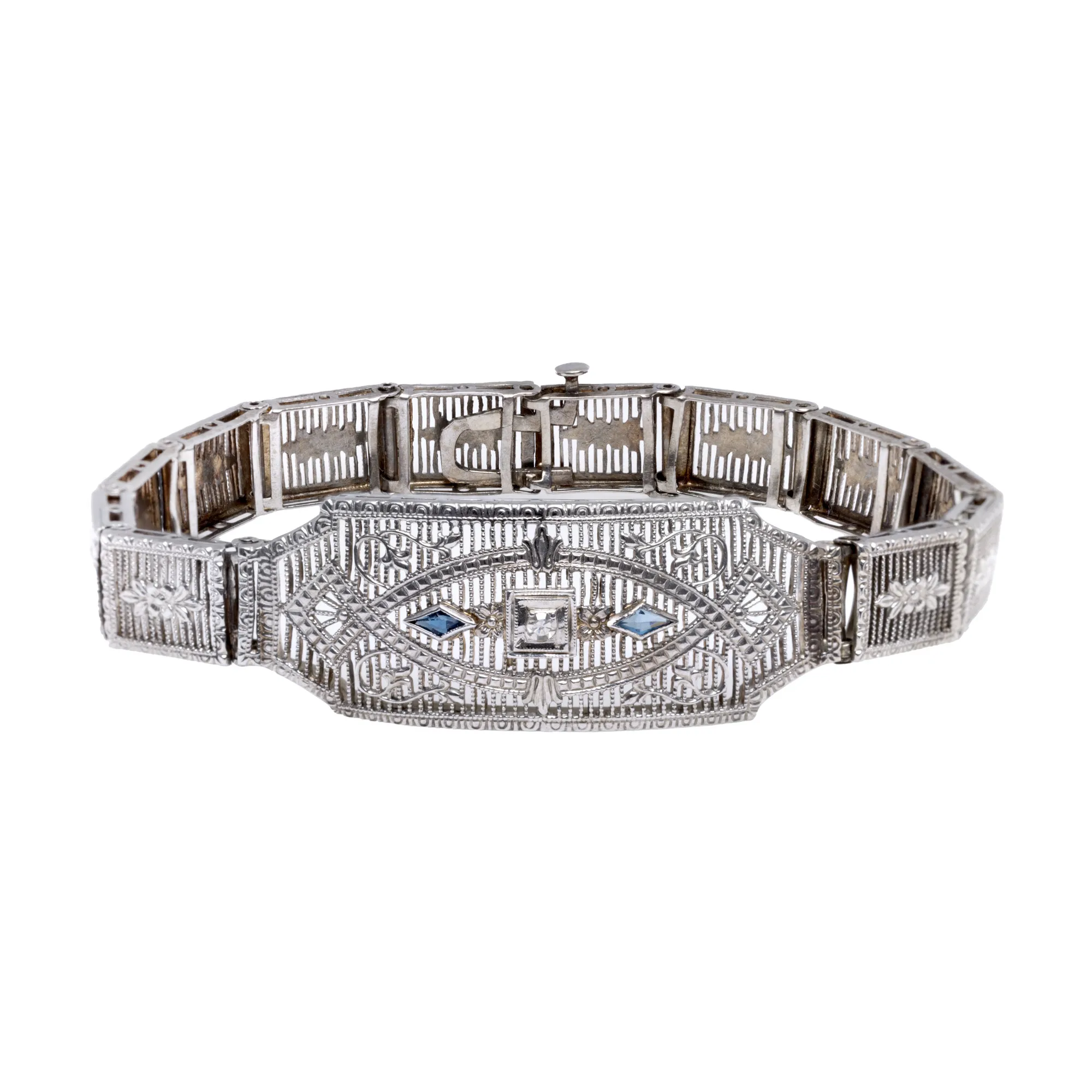 Art Deco bracelet, in white gold, decorated with diamond and sapphires
