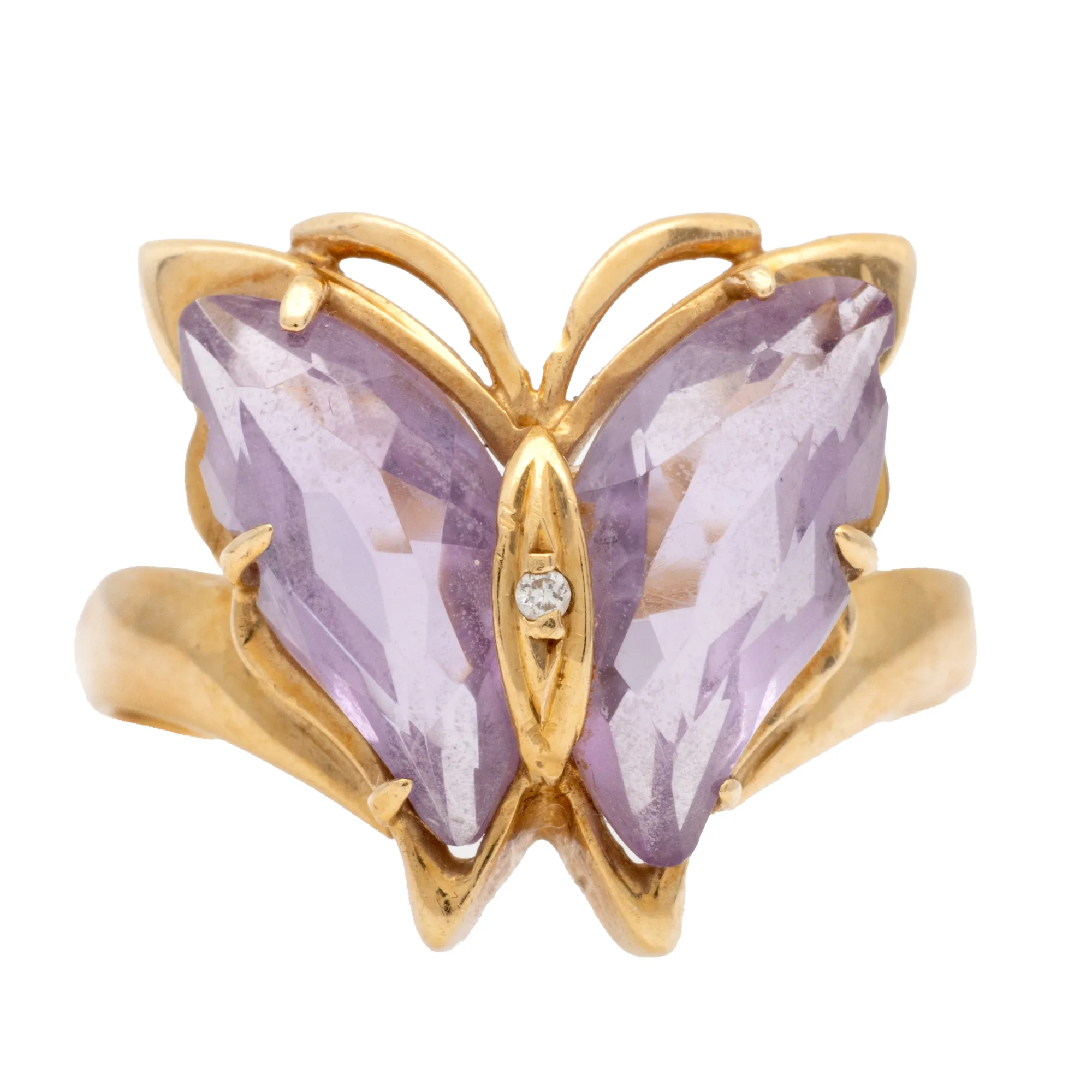 Gold ring decorated with a diamond and amethysts arranged in a butterfly shape