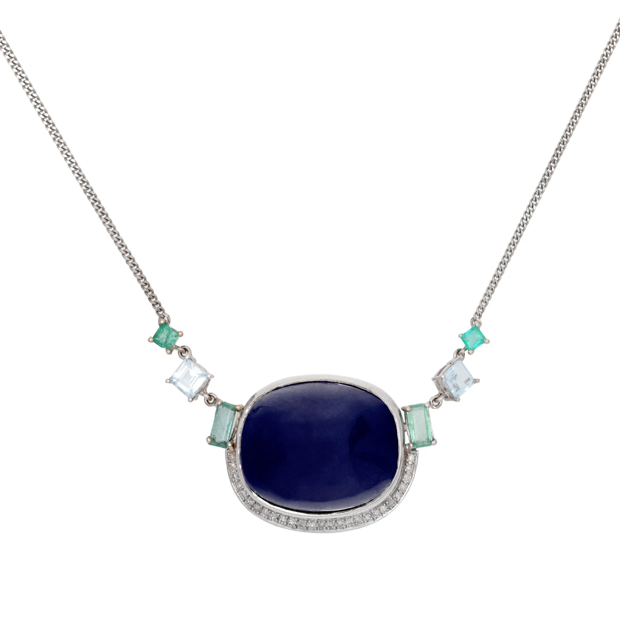 Platinum and white gold necklace, adorned with sapphire, aquamarine, and emeralds, accompanied by an IGS gemological certificate
