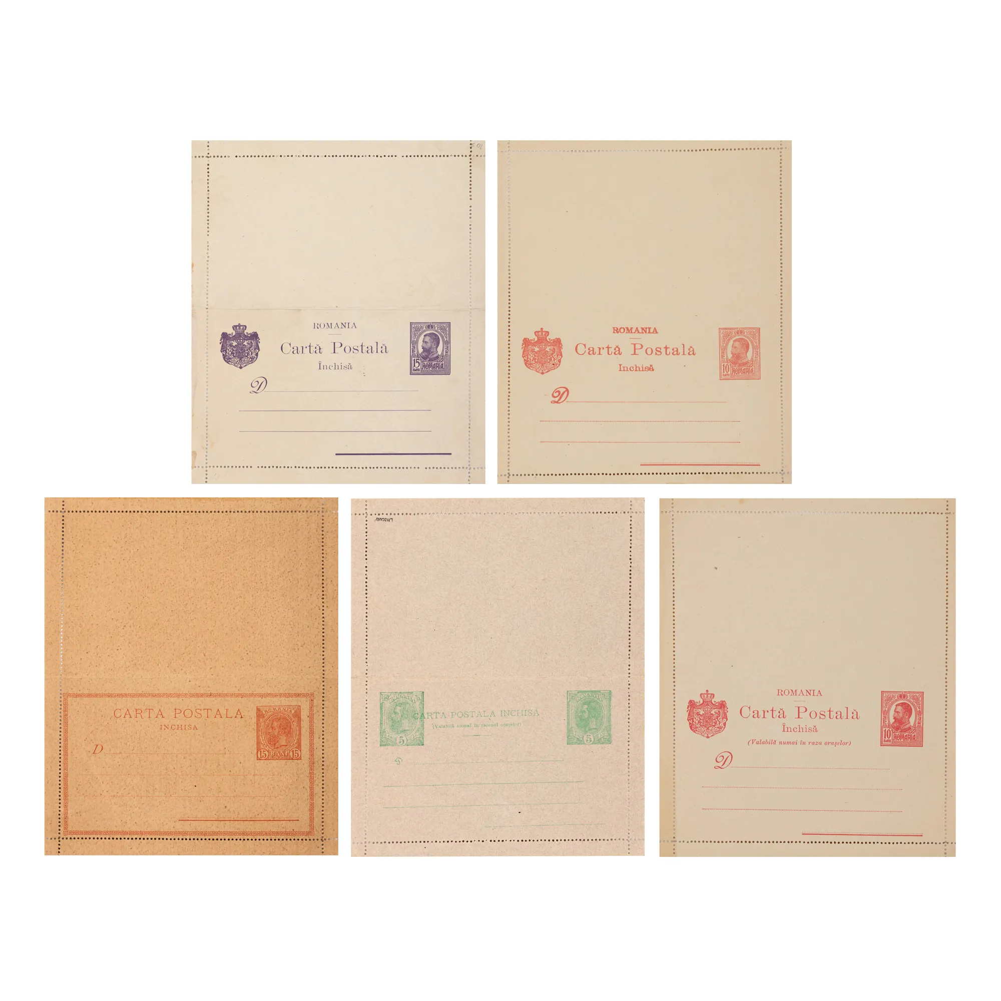Lot format din cinci cărți poștale românești clasice, închise, necirculate, 1894-1910