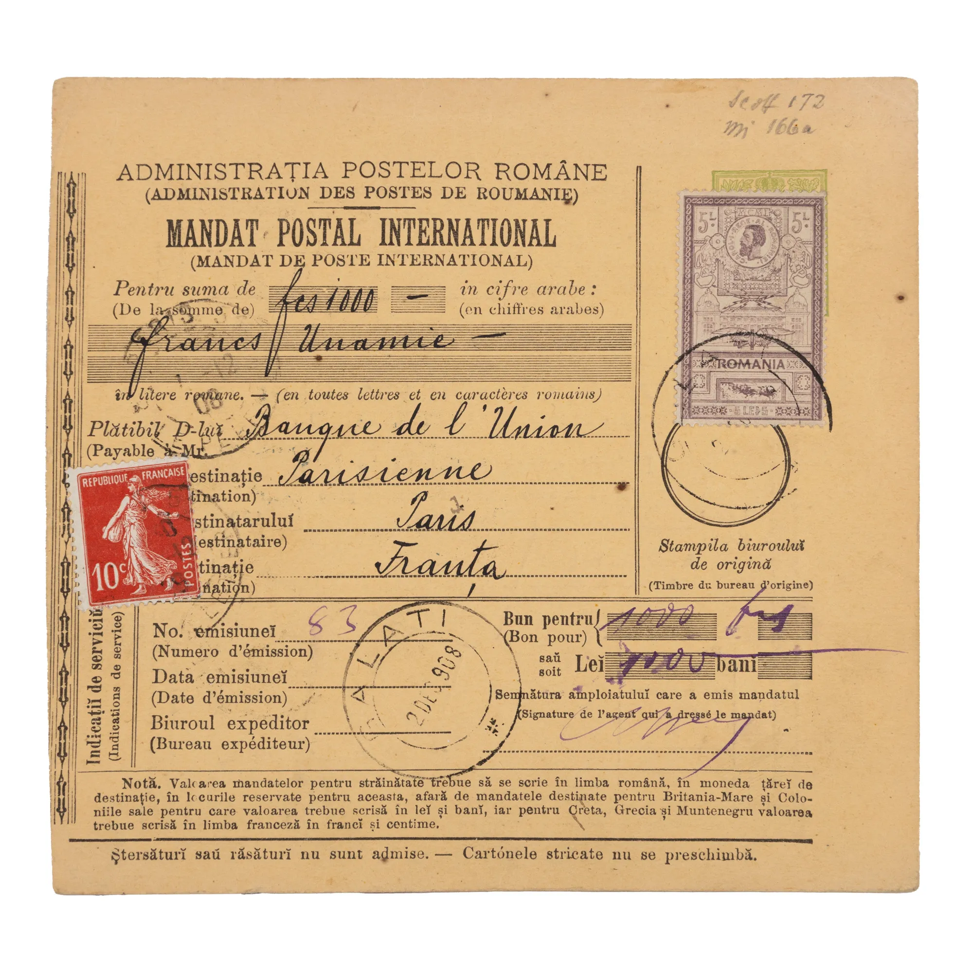 Mandat poștal internațional Galați-Paris, 1908, piesă de colecție