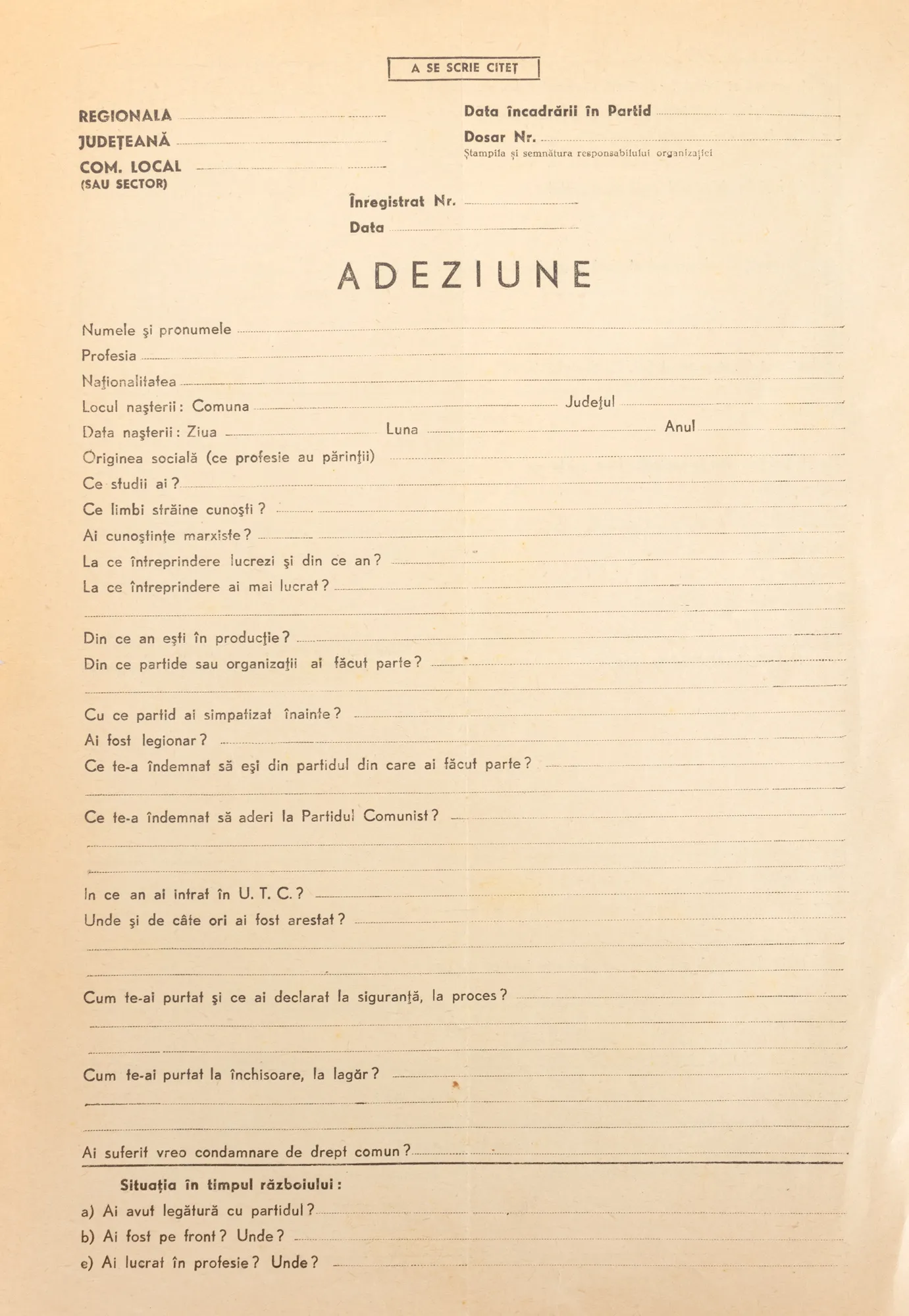 Formular/adeziune de înscriere în Partidul Comunist Român, cca. 1948