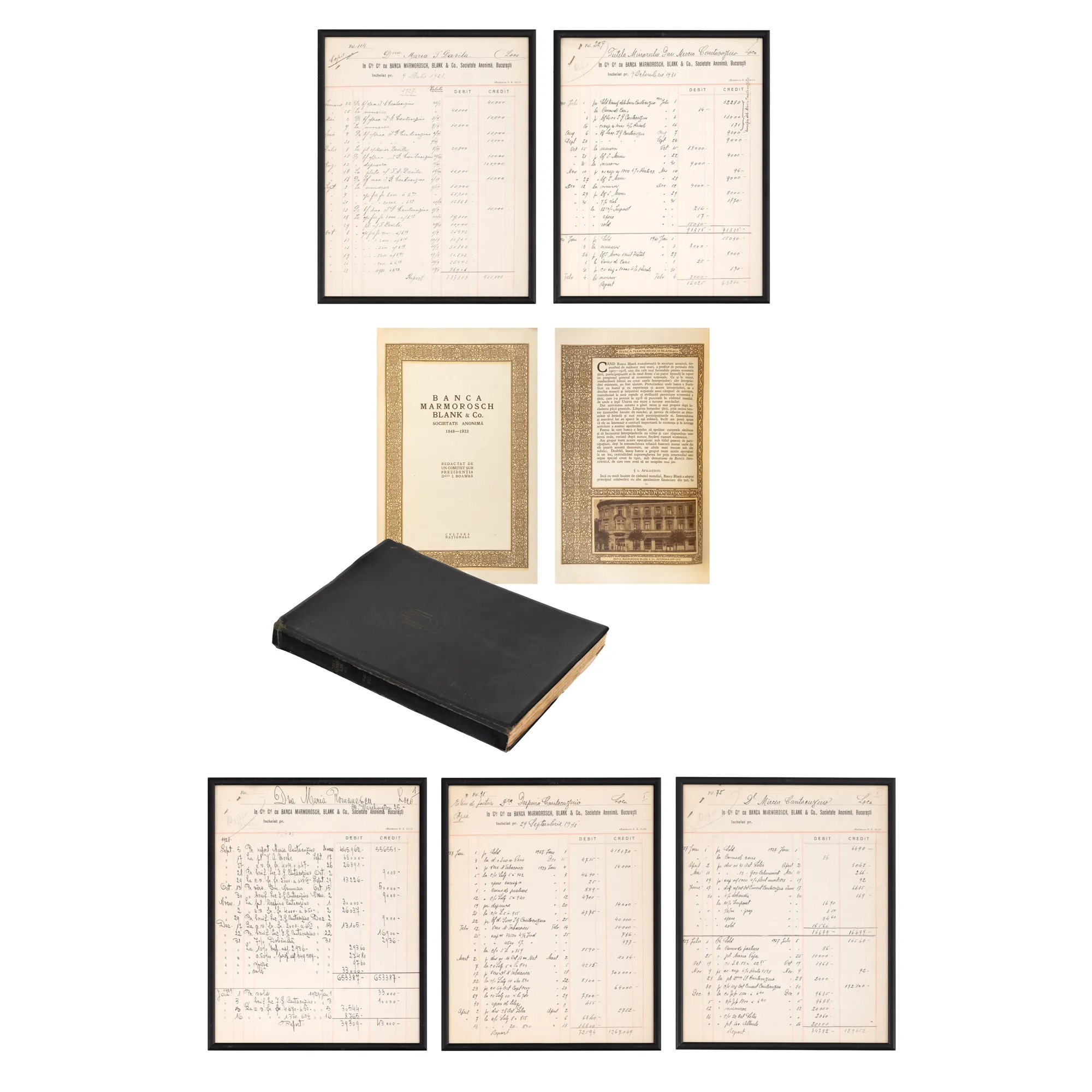 Lot "Marmorosch Blank Bank", consisting of a volume compiled by I. Boamba, Bucharest, 1923 and 5 account extracts issued by the bank from the period 1928-1931, of the Cantacuzino, Davila and Romanescu families