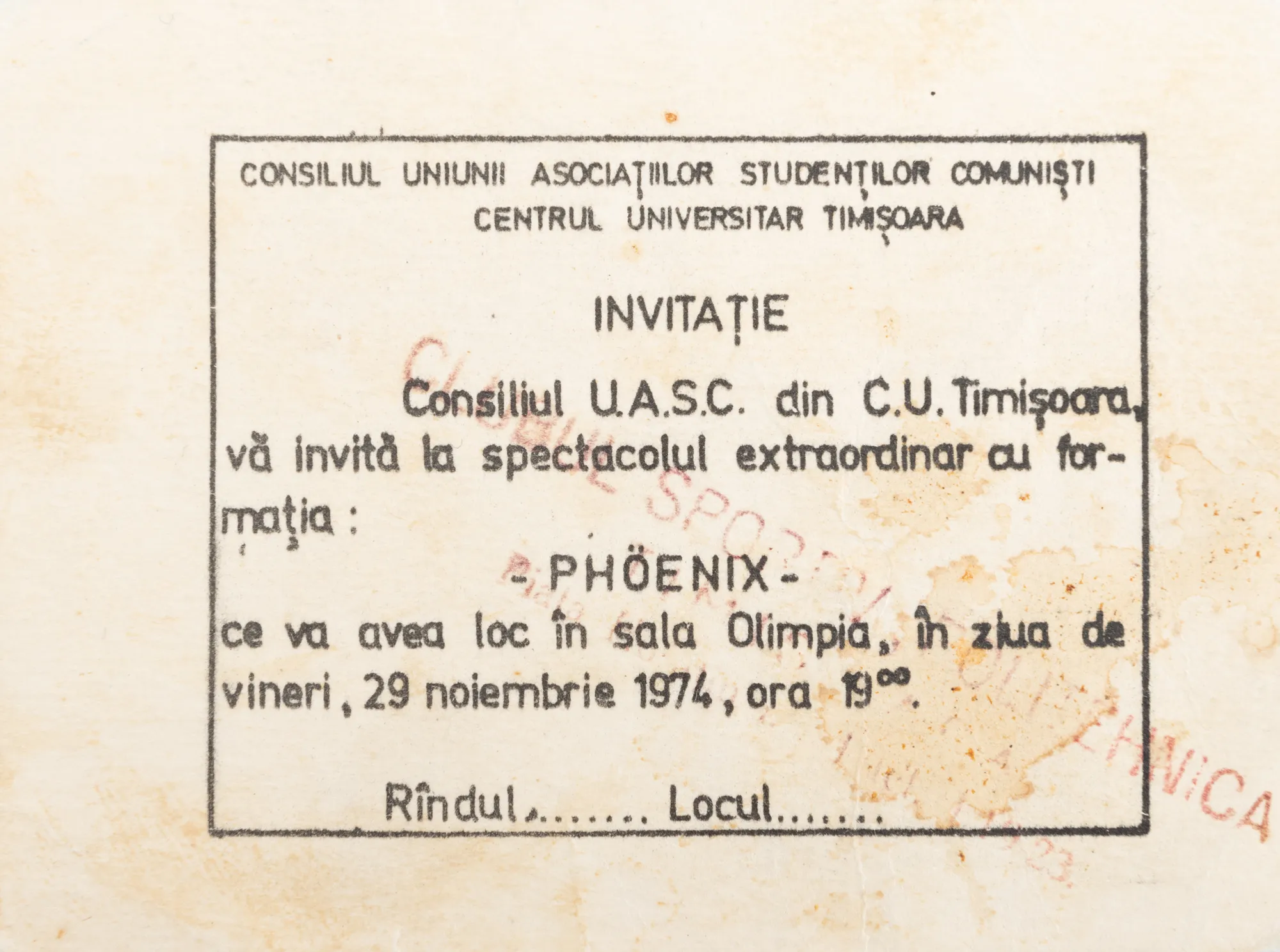 Invitație la spectacolul formației Phoenix, Consiliul Uniunii Asociațiilor Studenților Comuniști, Timișoara, 29 noiembrie 1974