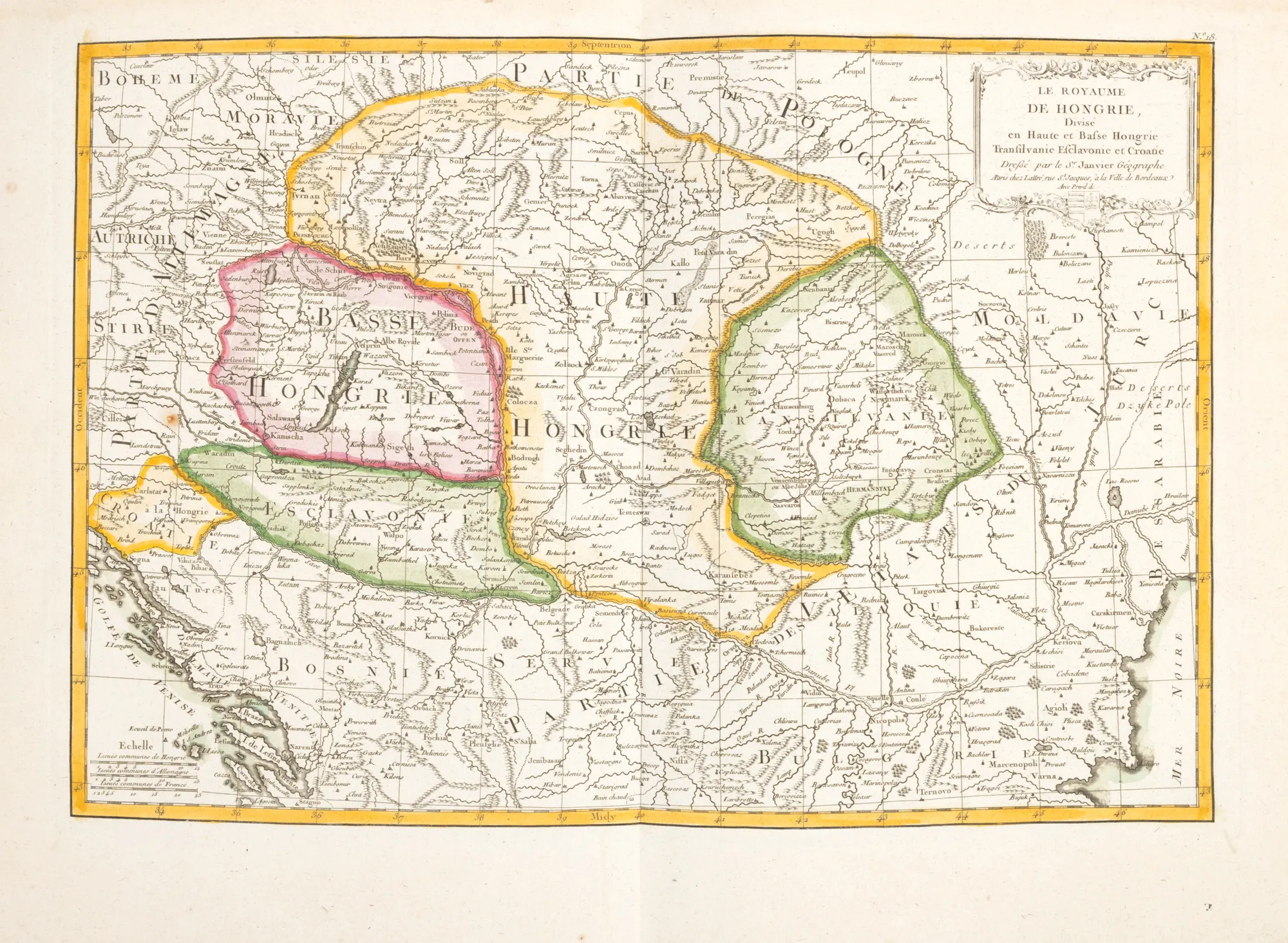 Hartă "Regatul Ungariei împărțit în Ungaria Superioară și Inferioară, Transilvania, Sclavonia și Croația", de Jean Janvier, Paris, 1783