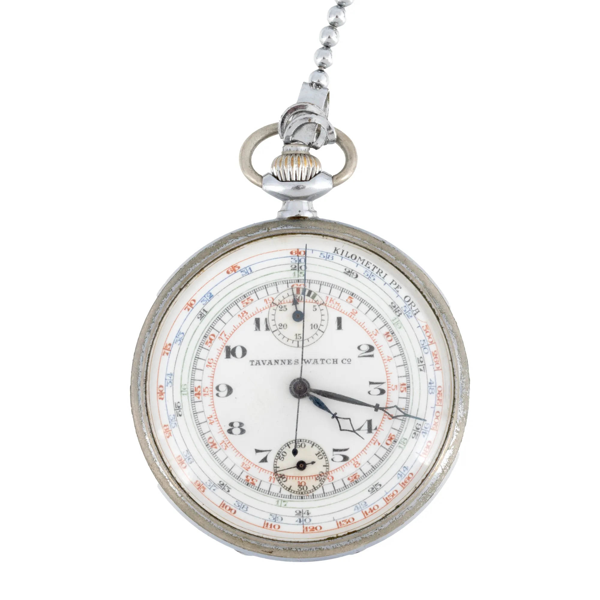 Ceas militar de buzunar Tavannes Chronograph Monopusher, ediție pentru Ministerul Apărării Naționale, România, perioada celui de-al Doilea Război Mondial, piesă rară