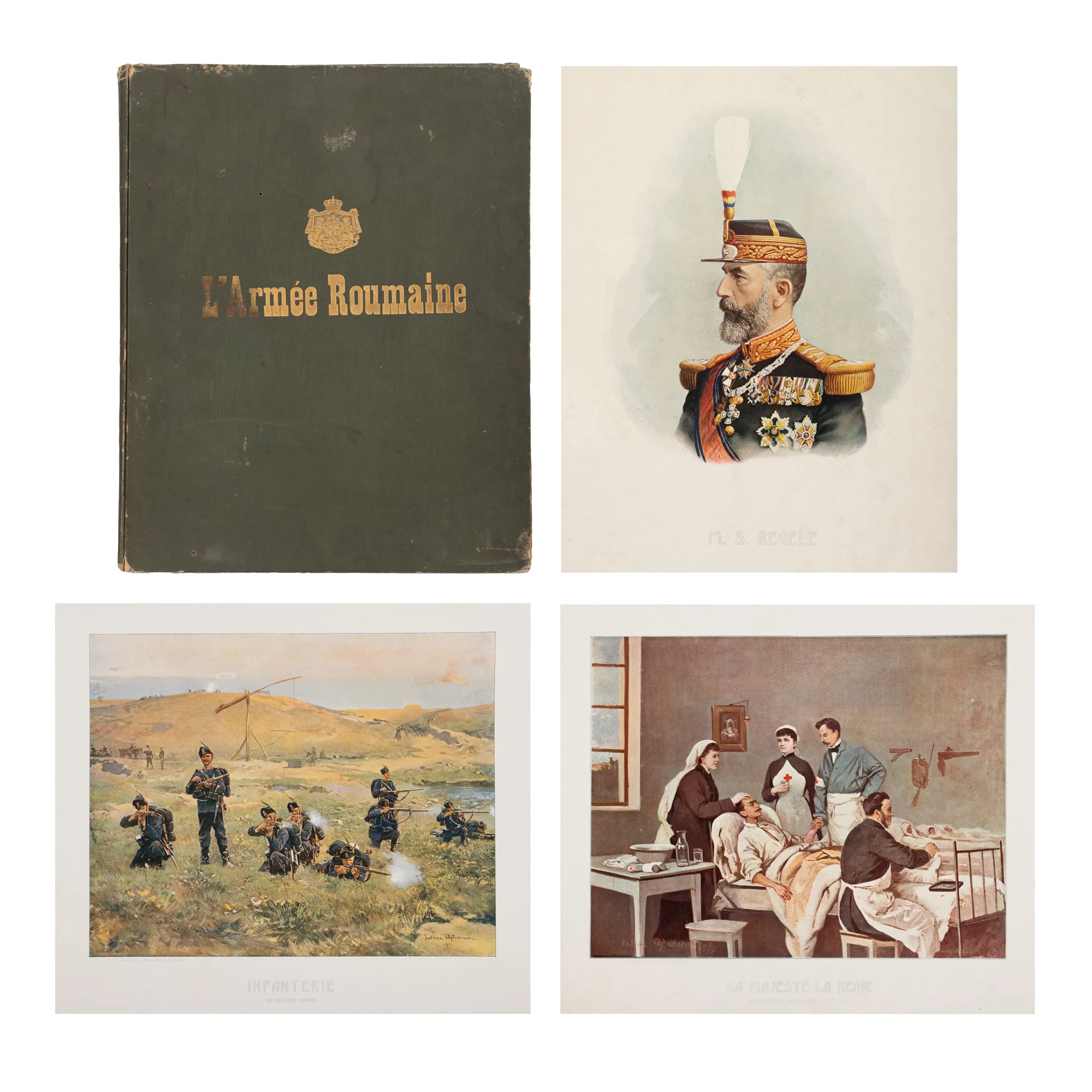 Albumul Armatei Române, cu reproduceri cromolitografice și o litografie color după lucrările lui Tadeusz Ajdukiewicz, franceză, 1903, provine din colecția familiei Boerescu