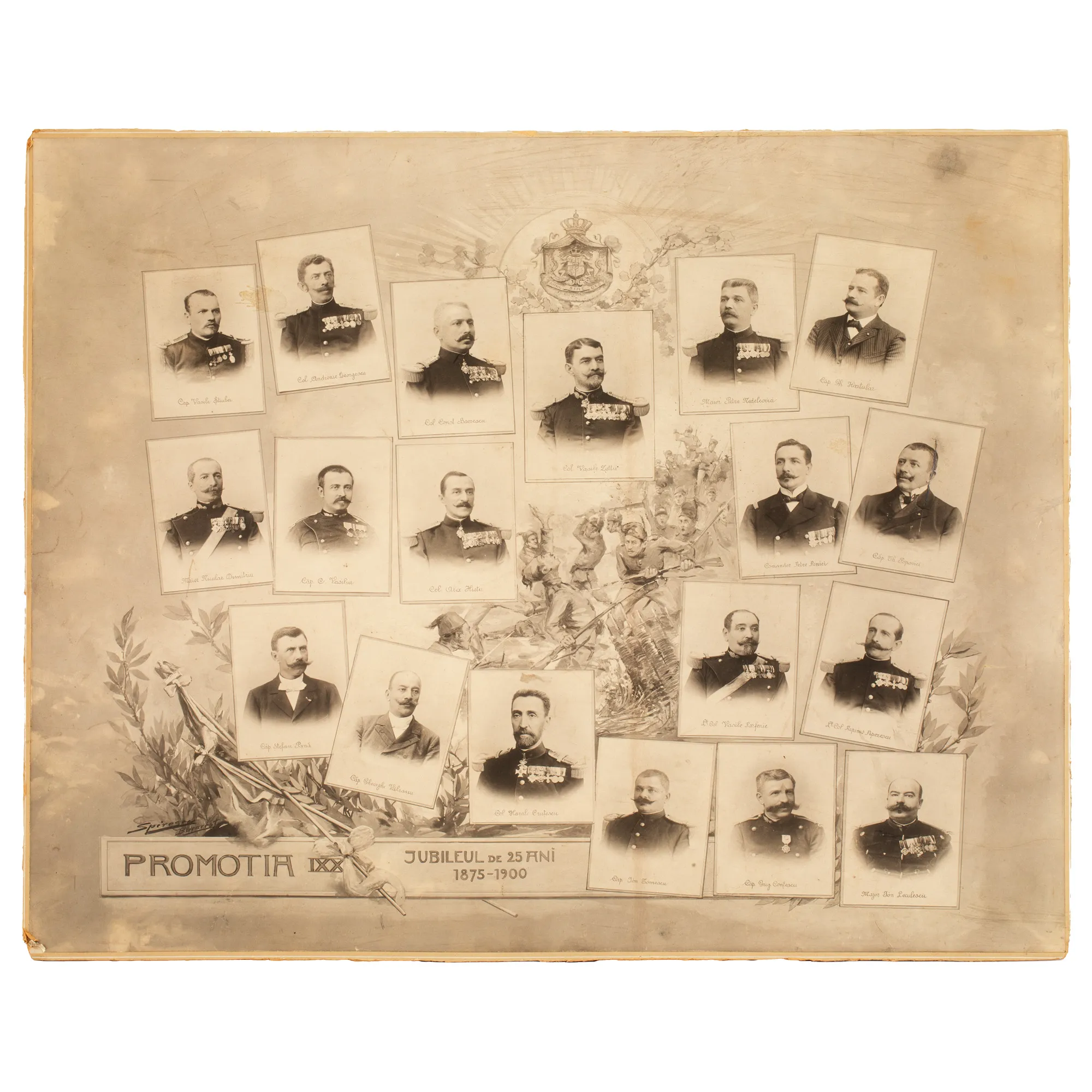 Fotografie de mari dimensiuni, Școala Militară de Cavalerie și Infanterie din București, ”Promoția IV - Jubileul de 25 de ani 1875-1900”, atelier fotografic Spirescu, București, provine din colecția familiei Boerescu