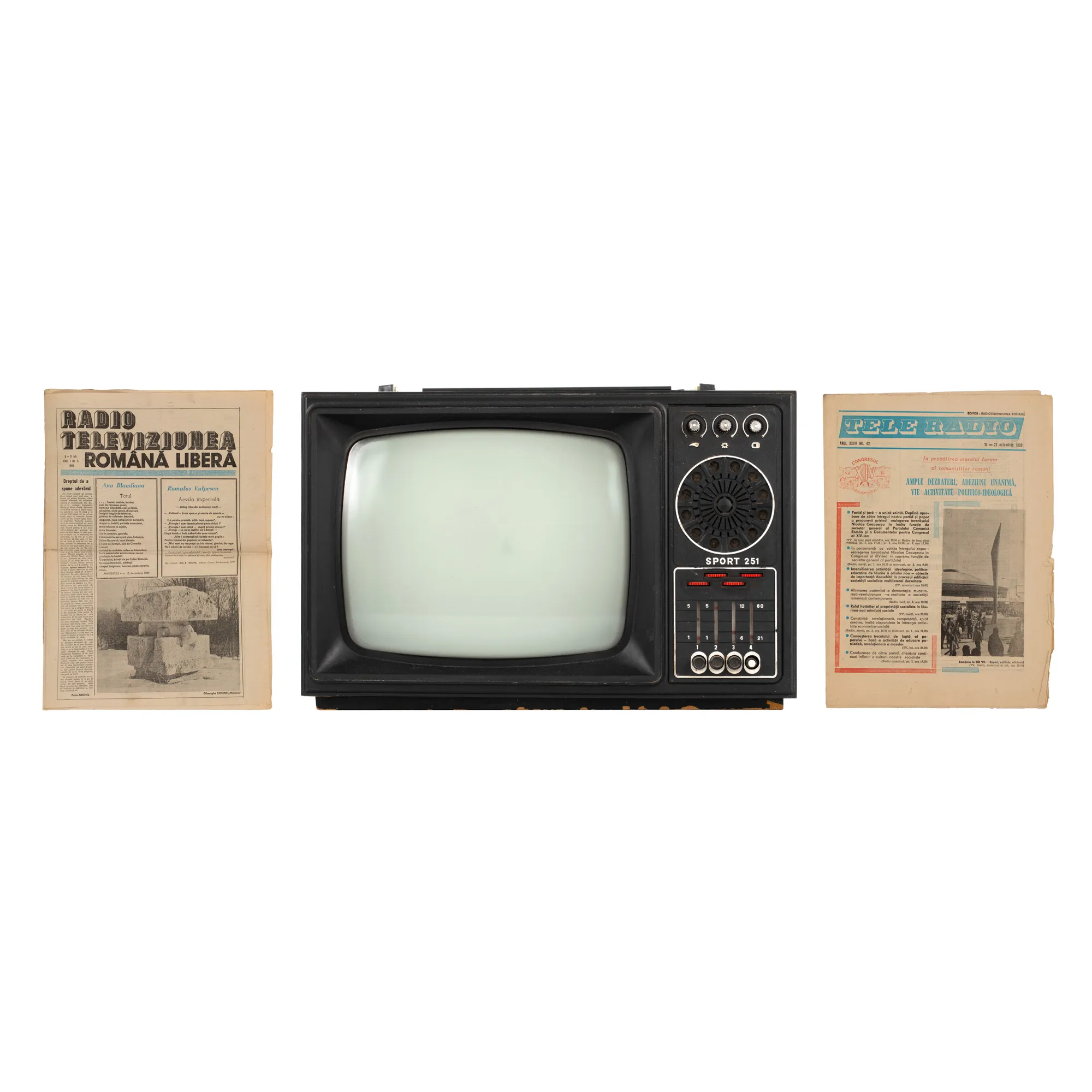 Lot consisting of a television from the communist era, along with two TV programs "Free Romanian Television", 1990 and "Tele Radio", 1989