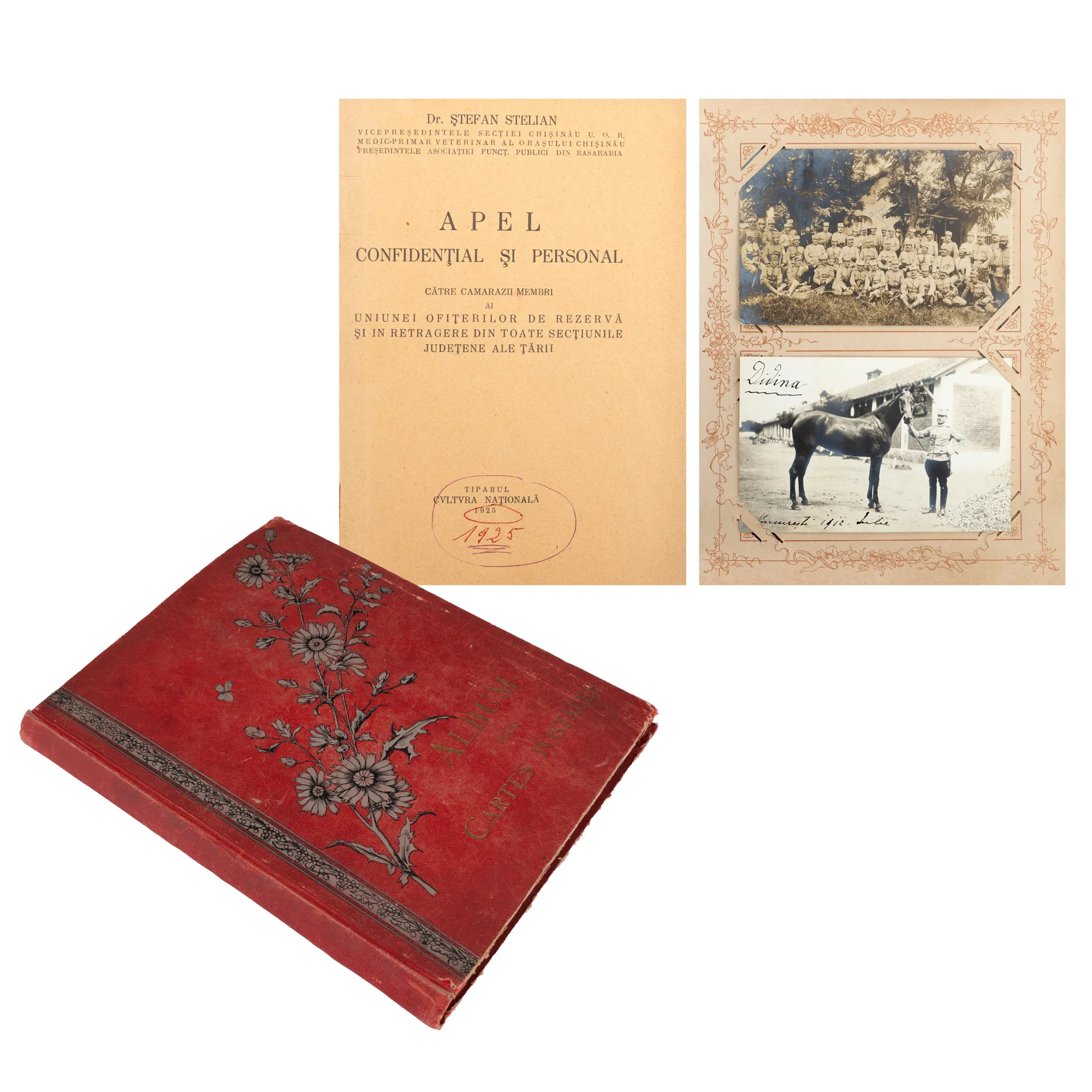 "Exceptional album with 42 photographs and photo postcards illustrating personalities of General Constantin Boerescu's family, cca. 1900-1936, including a photograph featuring the aviator Aurel Vlaicu, coupled with a brochure 'Confidential and personal appeal to comrades members of the Union of Reserve and Retired Officers from all county sections of the country', by Ștefan Stelian, 1925, originates from the Boerescu family collection"