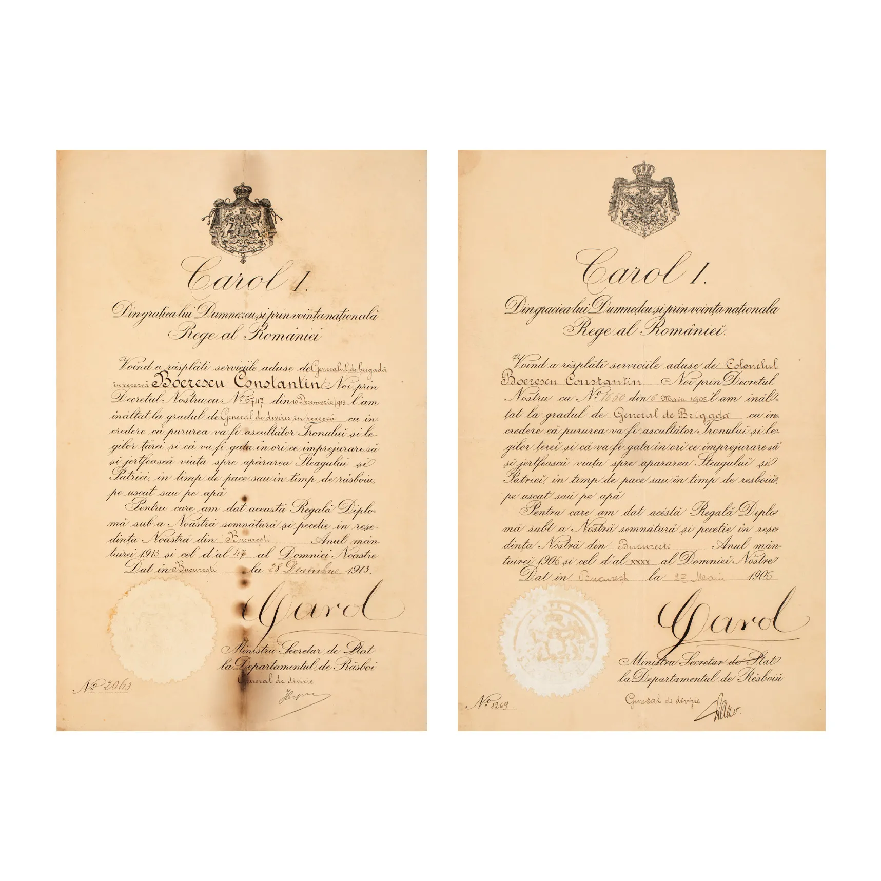 Lot format din două brevete aparținând Generalului Constantin Boerescu, cu semnătura olografă a regelui Carol I, 1906-1913, provin din colecția familiei Boerescu