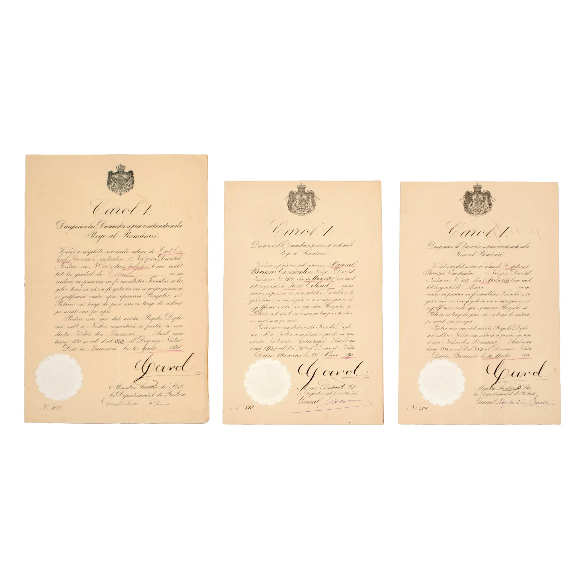 Lot format din trei brevete aparținând Generalului Constantin Boerescu, cu semnătura olografă a regelui Carol I, 1888-1898, provin din colecția familiei Boerescu