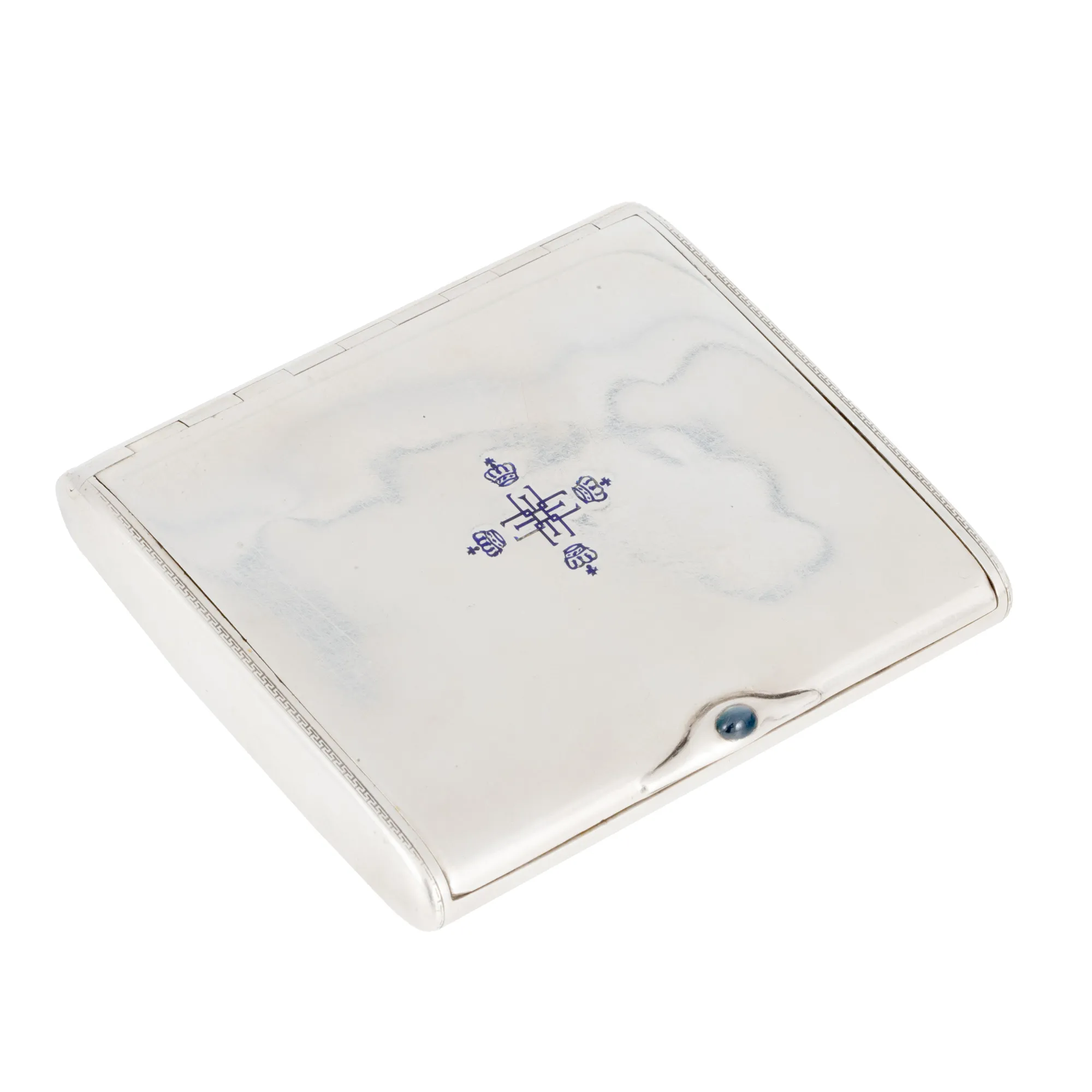 Silver, enamel and sapphire cigarette box, decorated with the cipher of the Queen-Mother Elena, half of the 20th century.