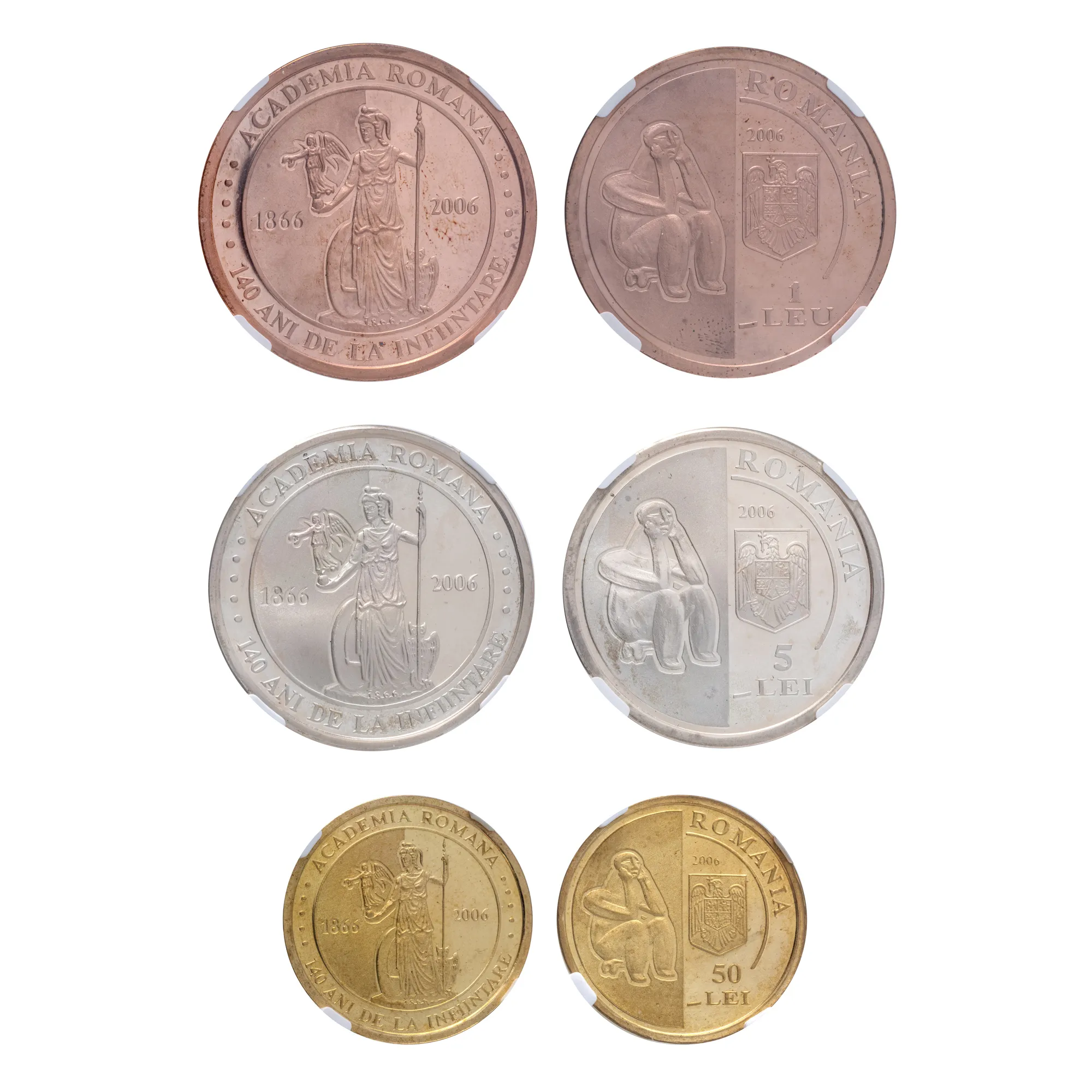 Commemorative BNR set, 140 years since the establishment of the Romanian Academy, gold, silver and tombac, extremely rare pieces, a mintage of only 35 sets, graded NGC PF 67 Ultra Cameo
