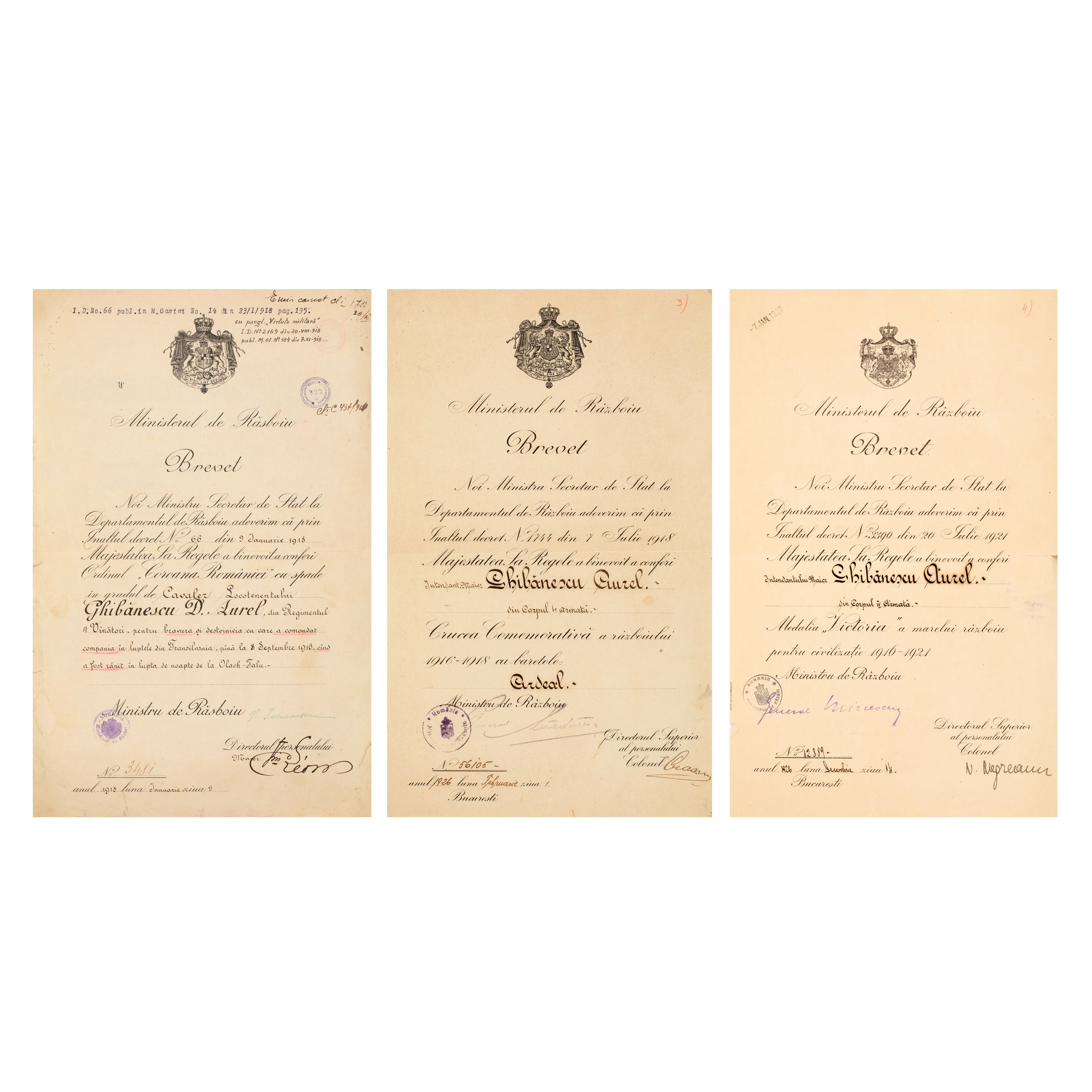 Lot format din trei brevete acordate de Ministerul de Război, aparținând ofițerului Aurel Ghibănescu, 1918-1926