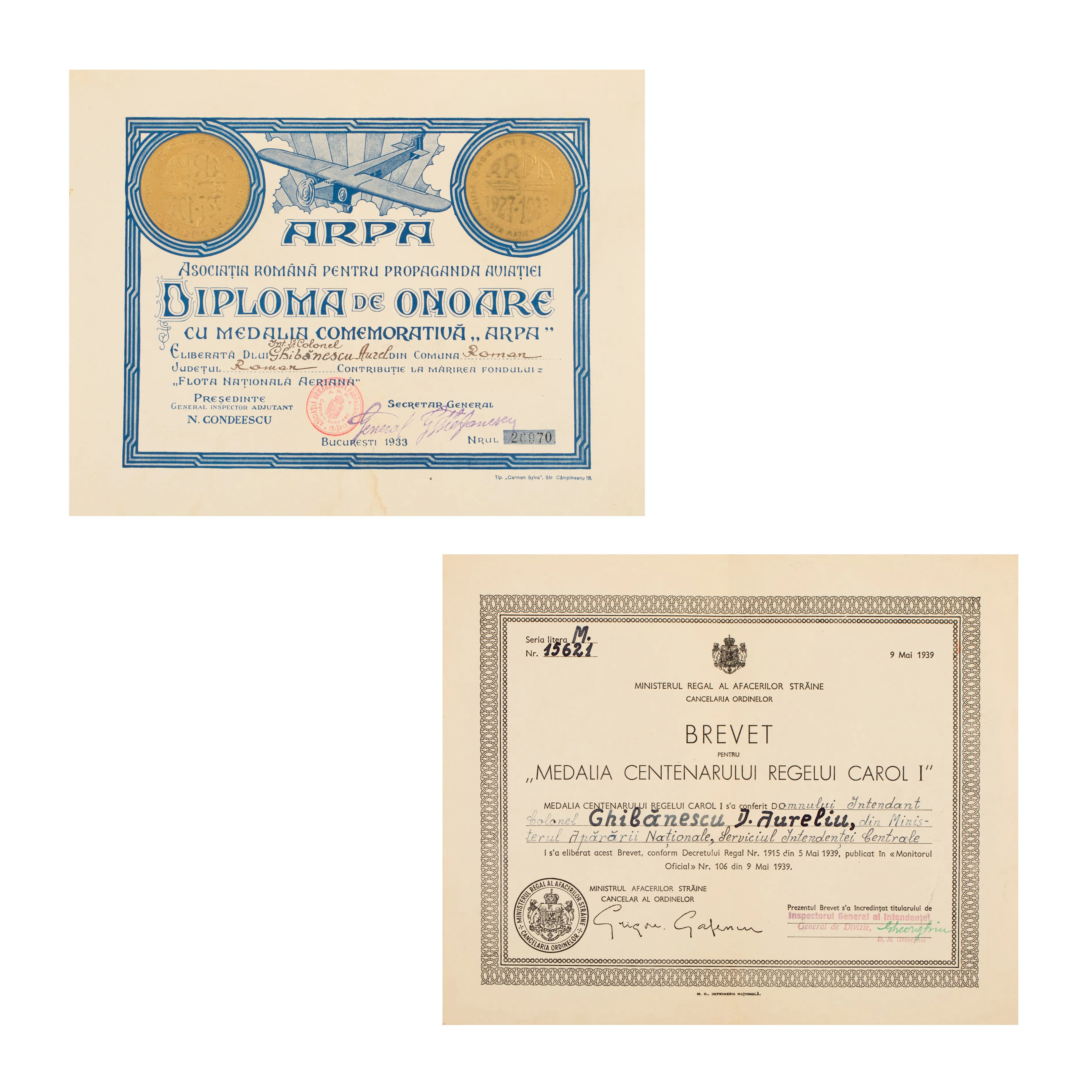 Lot format din Brevet pentru ”Medalia Centenarului Regelui Carol I”, 1939, și Diplomă de onoare ”ARPA”, 1933, pentru ofițerul Ghibănescu Aurel