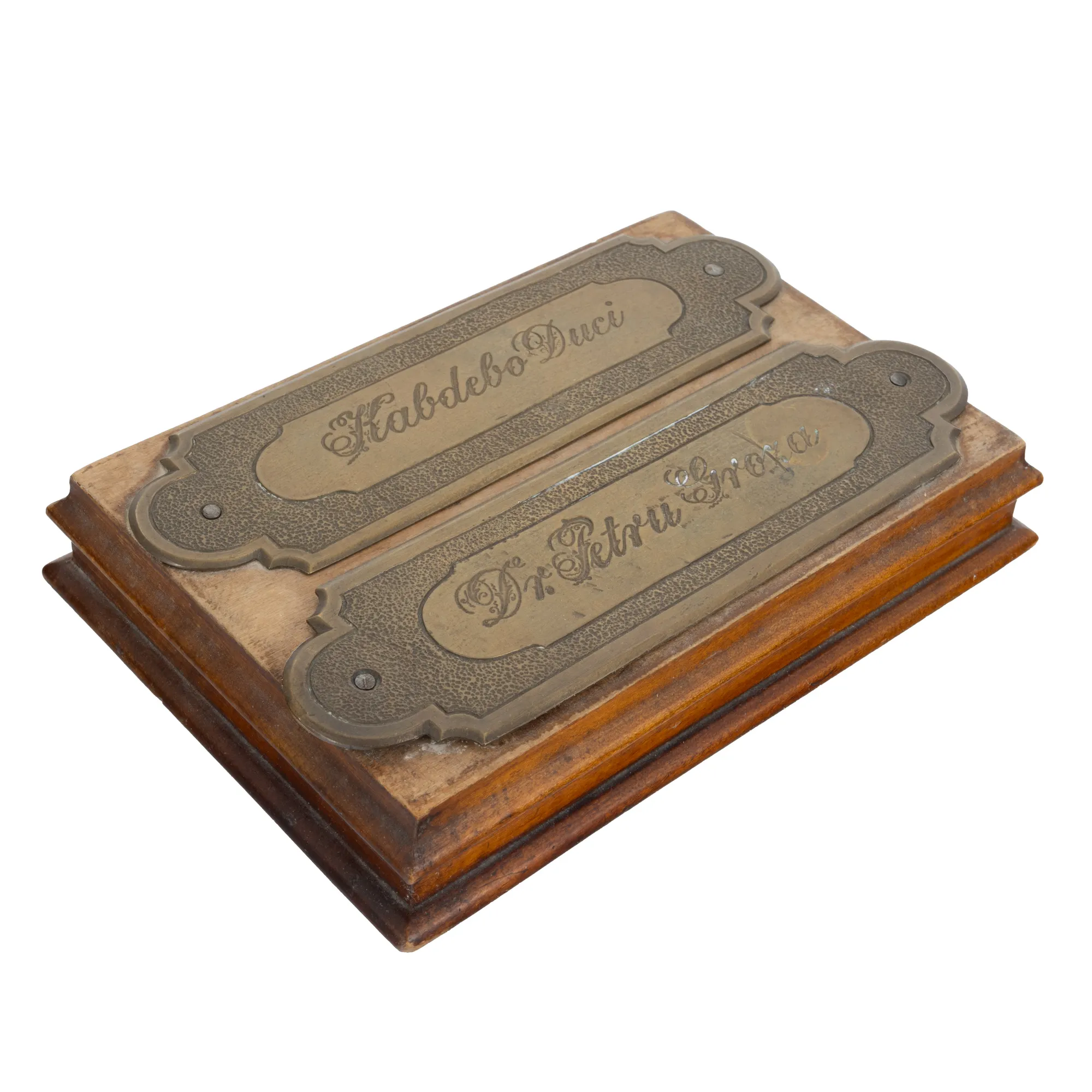 "Desk Plaques ”Dr. Petru Groza” and ”Kabdebó Duci”, from the collection of the family of the former Prime Minister of Romania, Petru Groza"