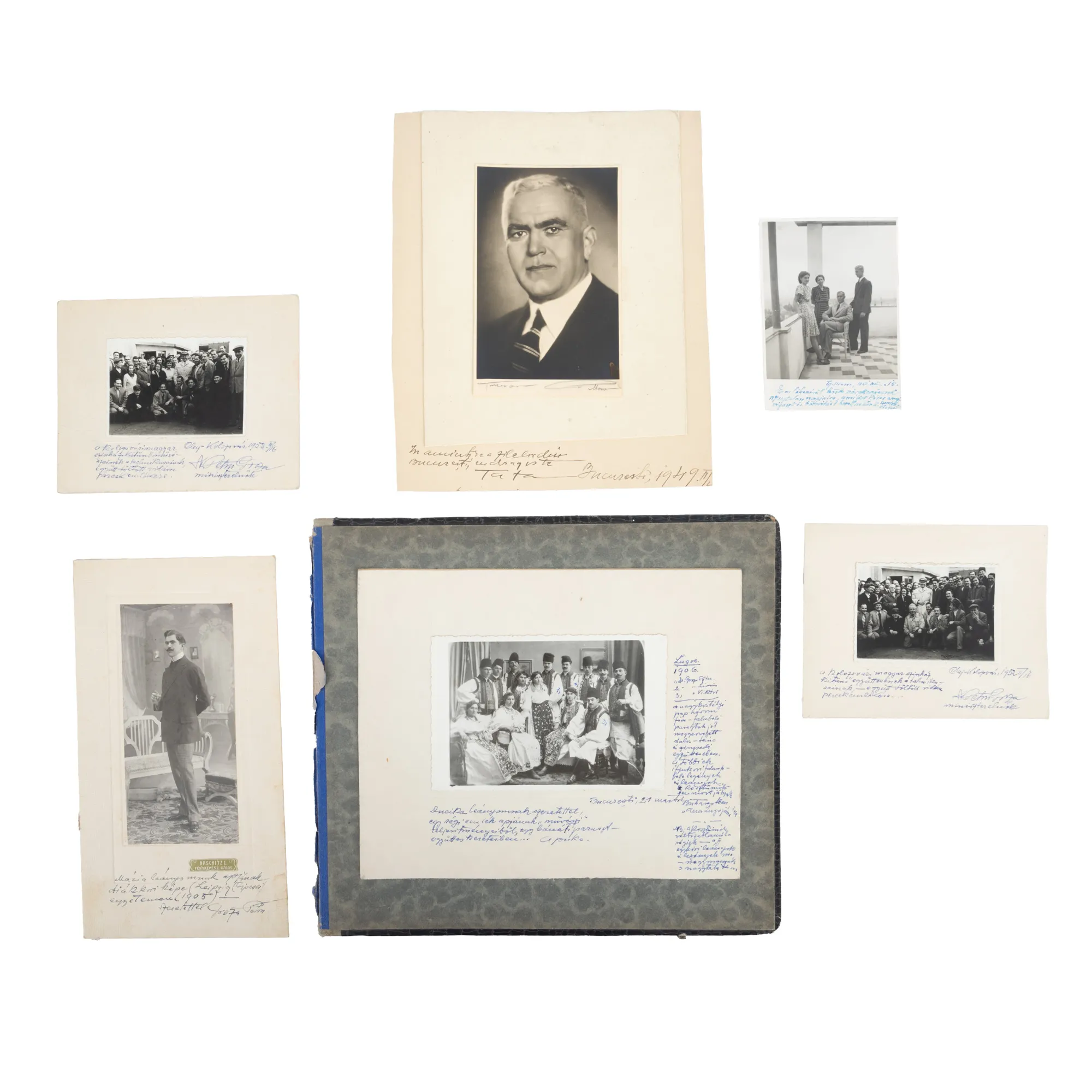 Lot format din șase fotografii, cu însemnări olografe, ateliere fotografice diferite, cca. 1906-1952, provin din colecția familiei fostului Prim-ministru al României, Petru Groza