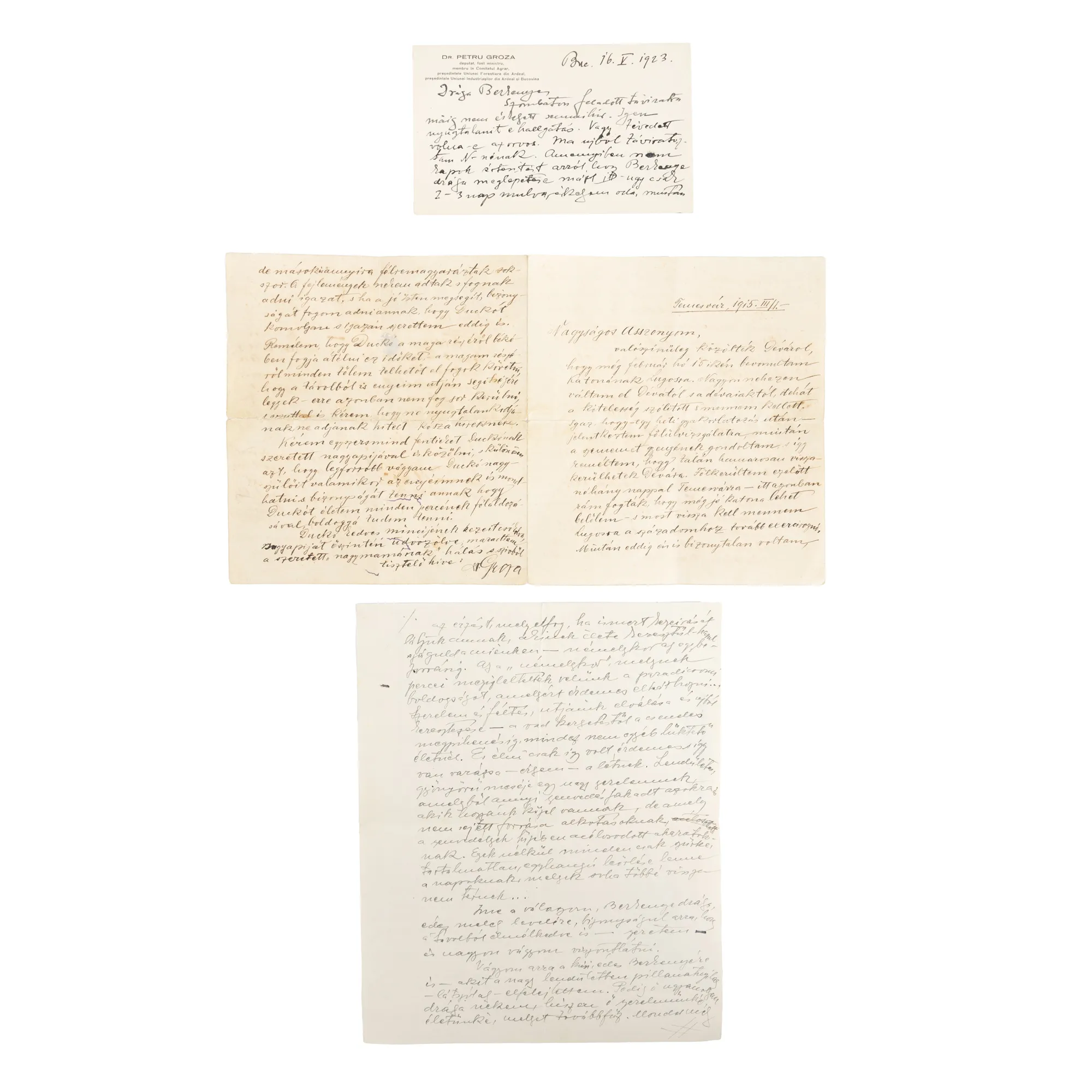 Lot format din trei scrisori secrete, olografe și semnate, redactate în limba maghiară, trimise de Petru Groza primadonei Duci Kabdebó, 1915-1931, provin din colecția familiei fostului Prim-ministru al României, Petru Groza
