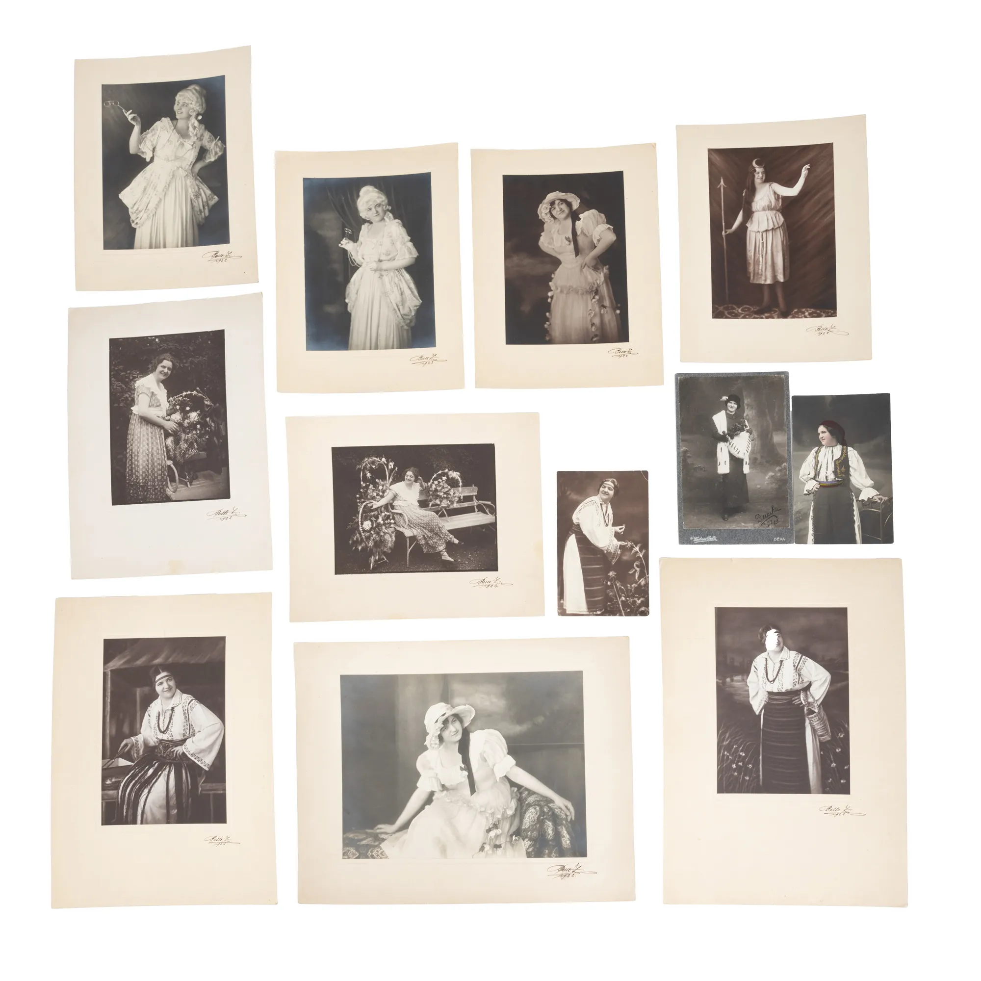 Lot format din 12 fotografii ale actriței și primadonei Duci Kabdebó, ateliere fotografice diferite, anii 1920, cu însemnări olografe, provin din colecția familiei fostului Prim-ministru al României, Petru Groza