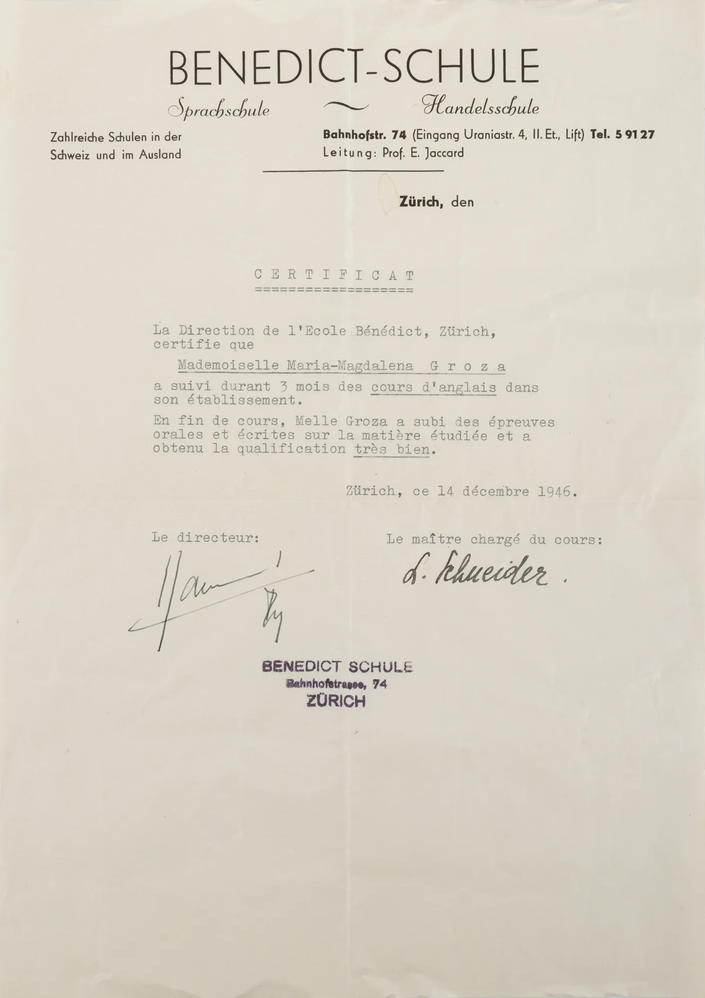 Certificate of studies of Petru Groza's daughter, Maria Magdalena Groza, 1946, comes from the collection of the family of the former Prime Minister of Romania, Petru Groza.