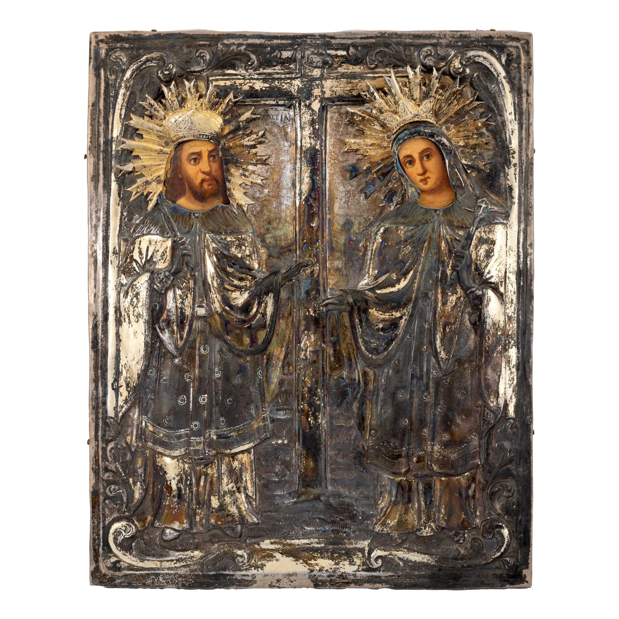 Icon on wood, with gilded silver lock, "Saints Emperors Constantine and Helena", Romanian school, 1906-1926