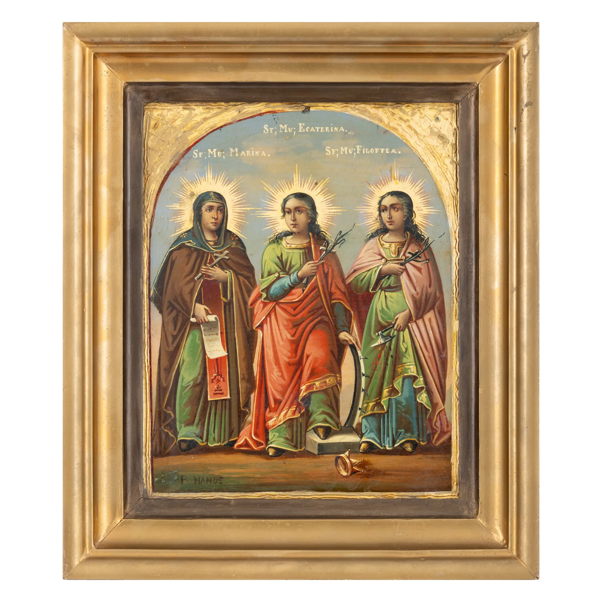 Icon on wood, "Holy Martyrs Marina, Catherine and Philothea", signed P. Manus, end of the 19th century
