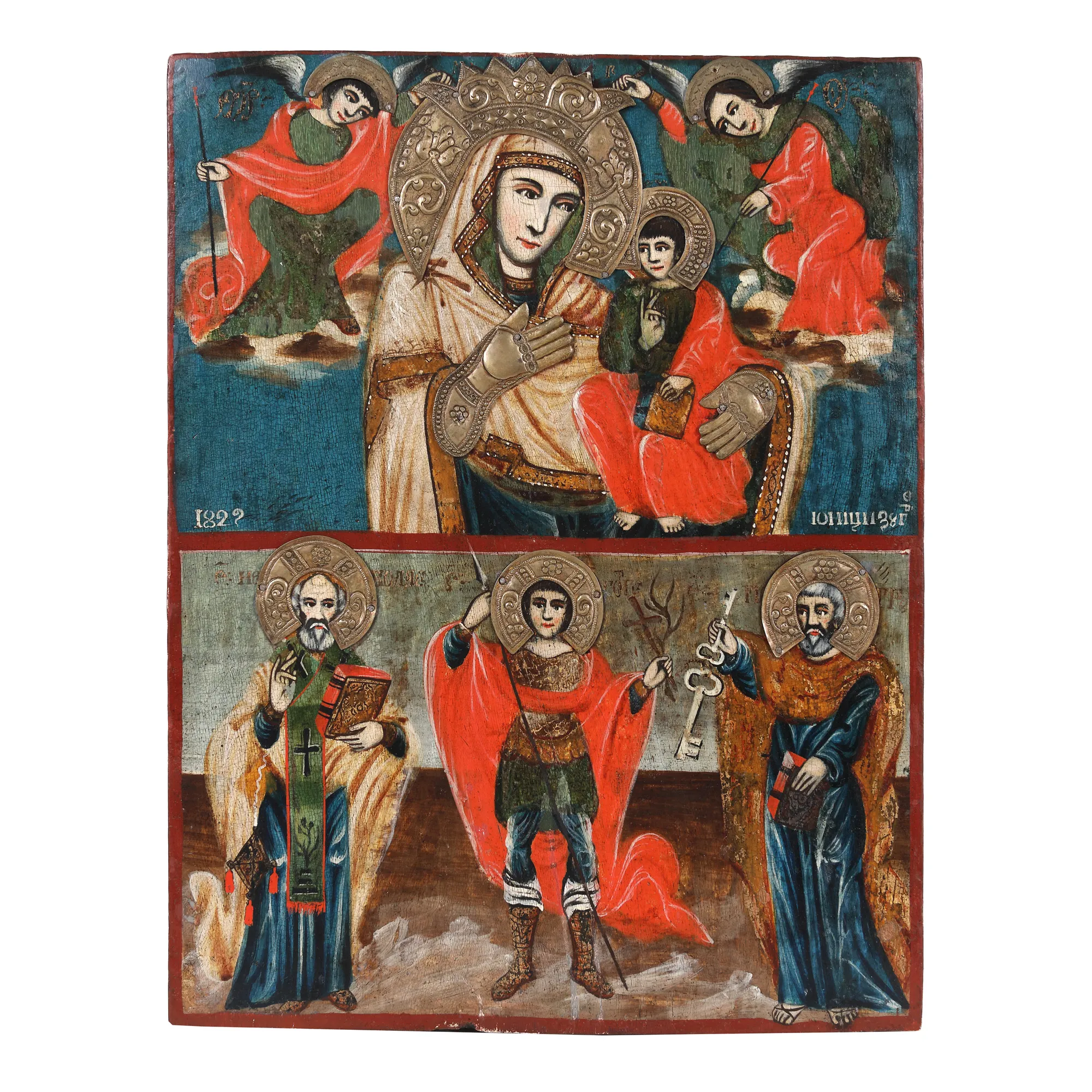 Icon on wood, in two registers, "The Mother of God with the Infant (Hodighitria) and Saint Nicholas, Saint George and Saint Apostle Peter", painted by Ionita, 182[9]