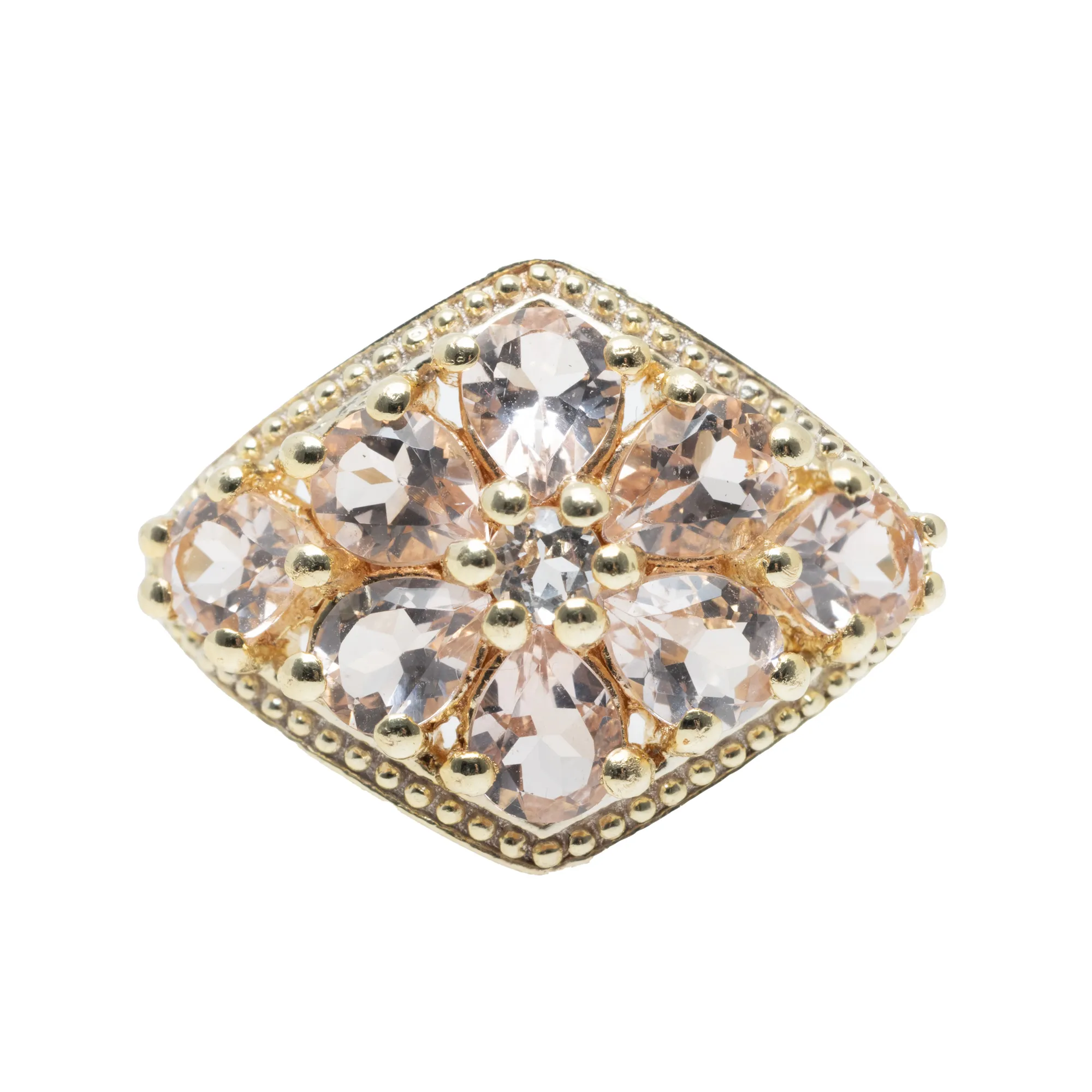 Inel din argint aurit, sub formă de floare, decorat cu morganite