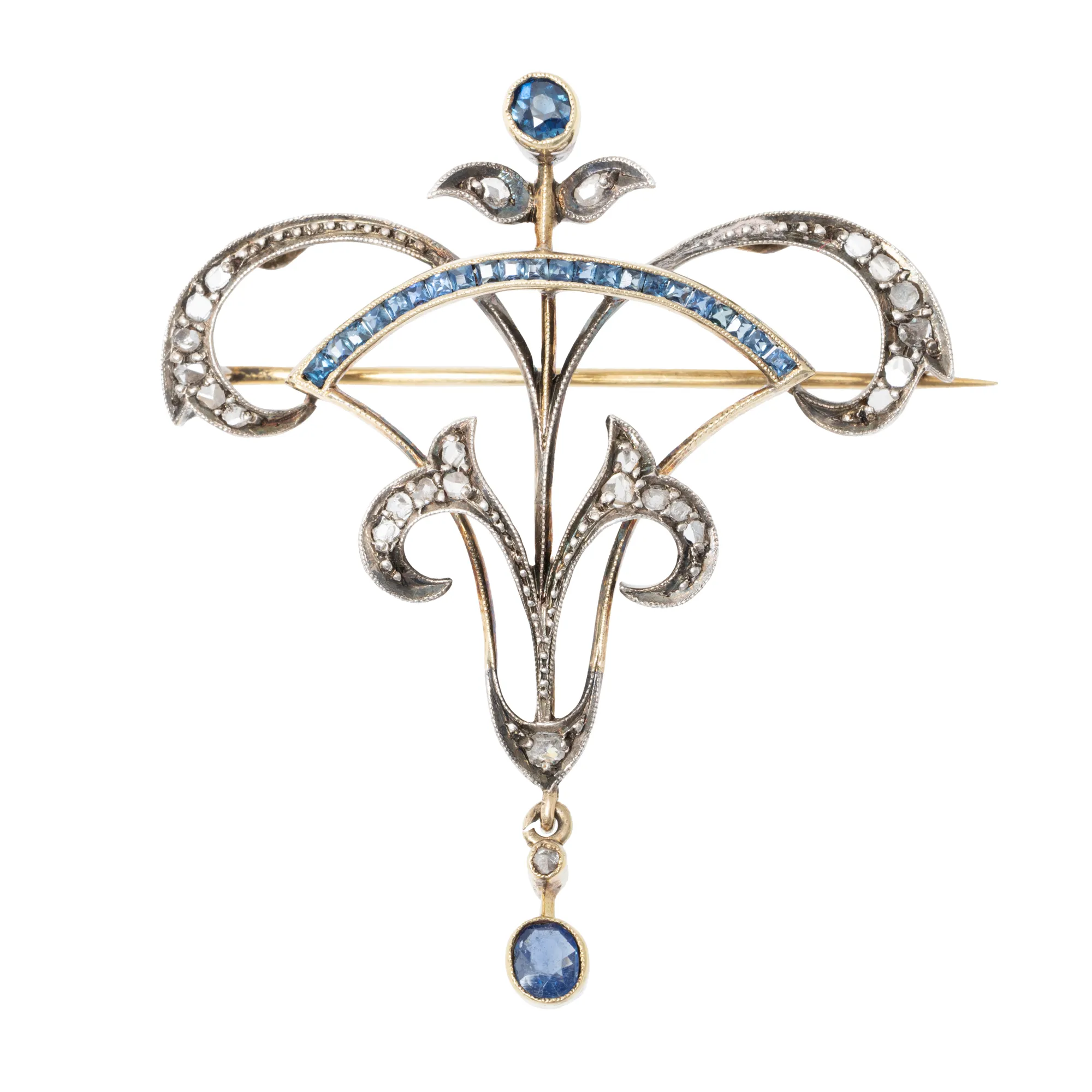 Gold and silver brooch, decorated with sapphires and diamonds, accompanied by an additional gemological certificate