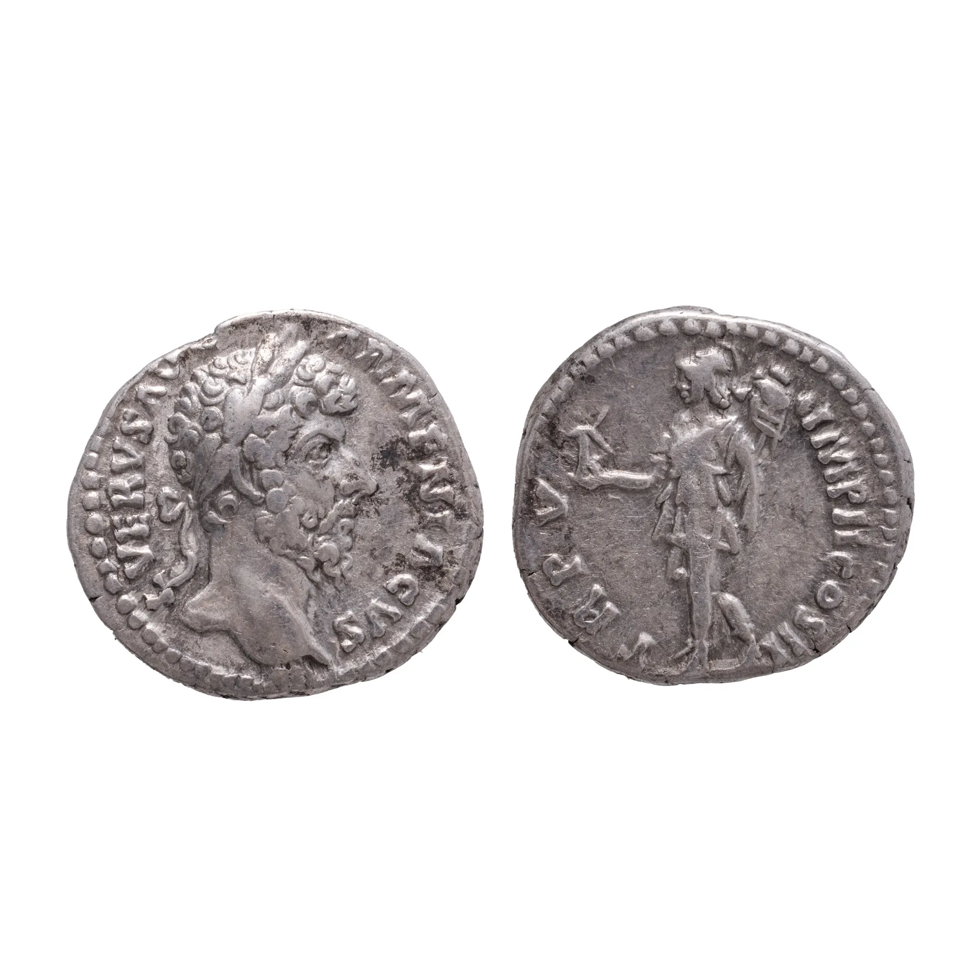 Monedă Denarius, Lucius Verus, tip Roma ținând Victoria și trofeul, 161-169 e.n., argint