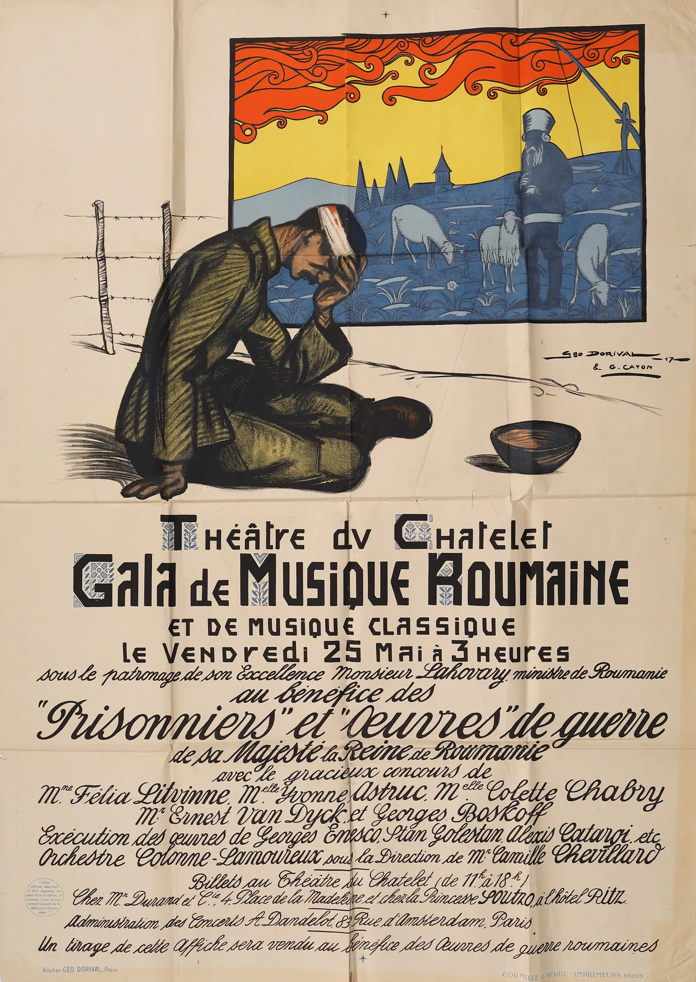 Afiș de promovare a Galei de muzică românească la Paris, Théâtre du Chatelet, sub patronajul Reginei Maria și a Ministrului României în Franța Alexandru Lahovary, interpretându-se opere de George Enescu, 1917, afiș realizat de Georges Capon și Leo Dorival, piesă rară, de colecție