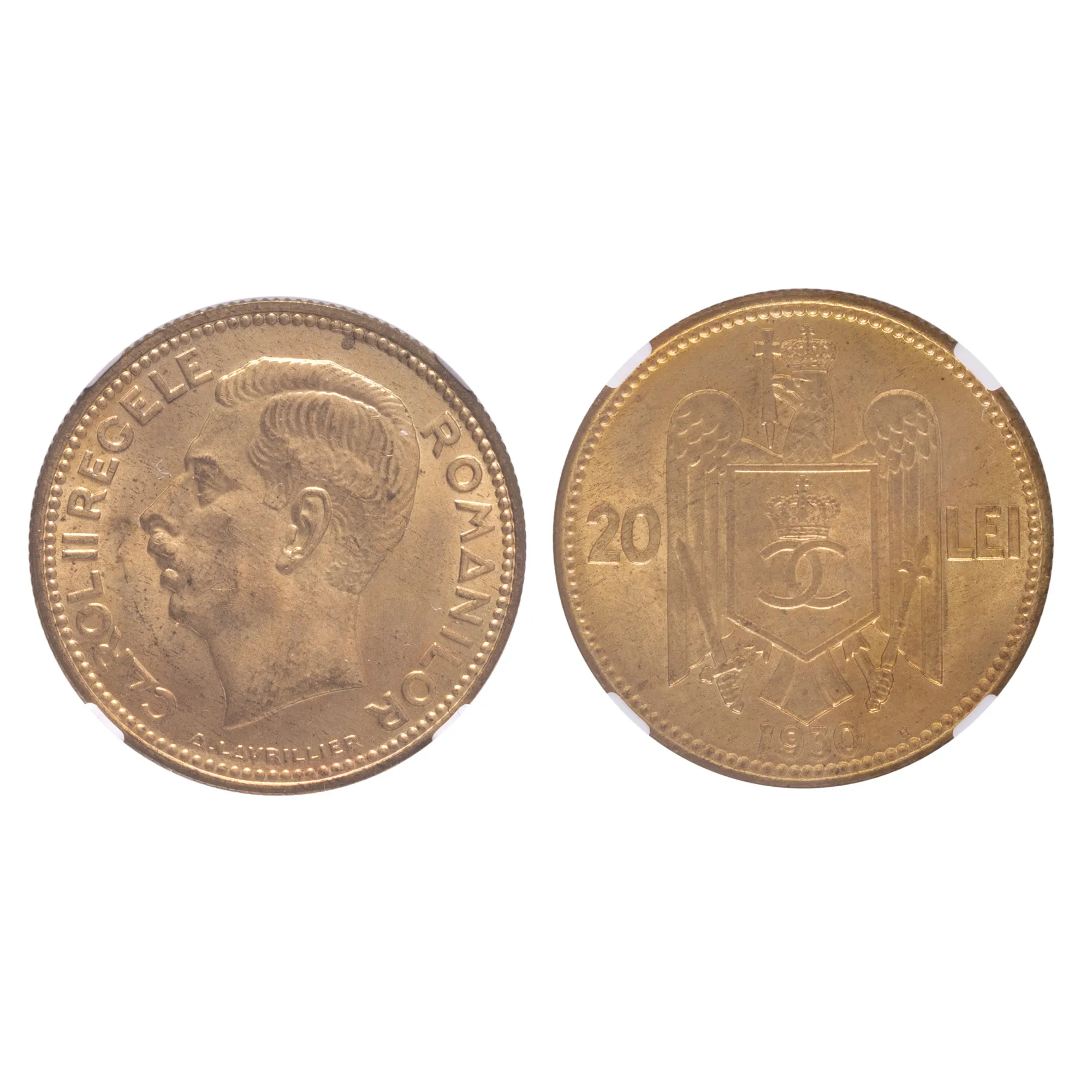 Monedă 20 Lei 1930, gradată NGC MS 65