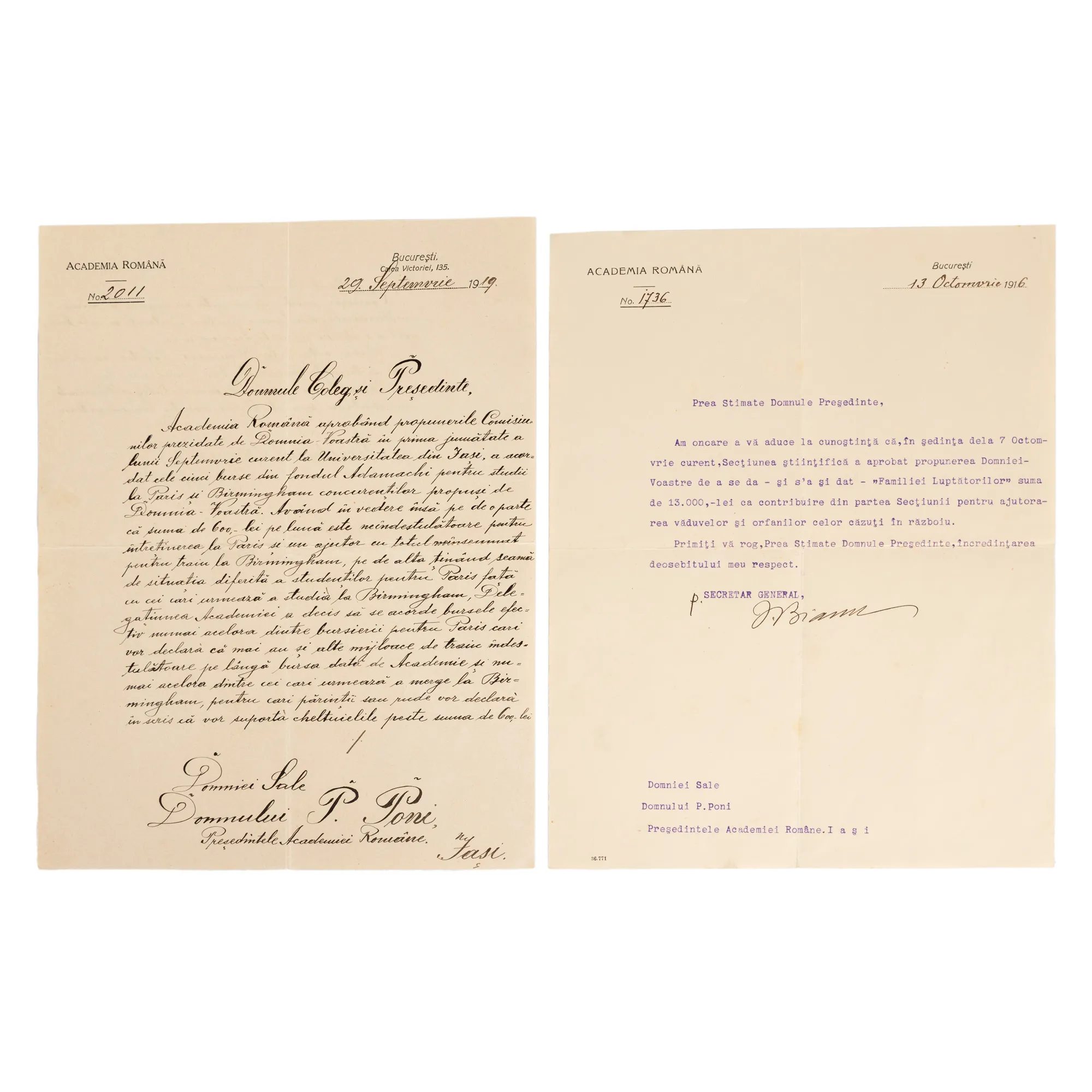 Lot consisting of two letters drafted by the general secretary of the Romanian Academy Ioan Bianu to the president of the Romanian Academy Petru Poni, 1916 and 1919