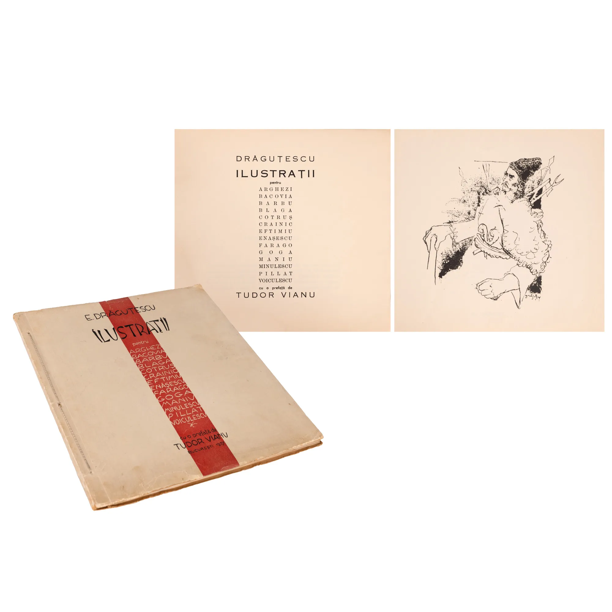 ”Ilustrații”, de Eugen Drăguțescu, București, 1937, exemplar 160/221, cu semnătura olografă a autorului, provine din colecția scriitorului Pericle Martinescu