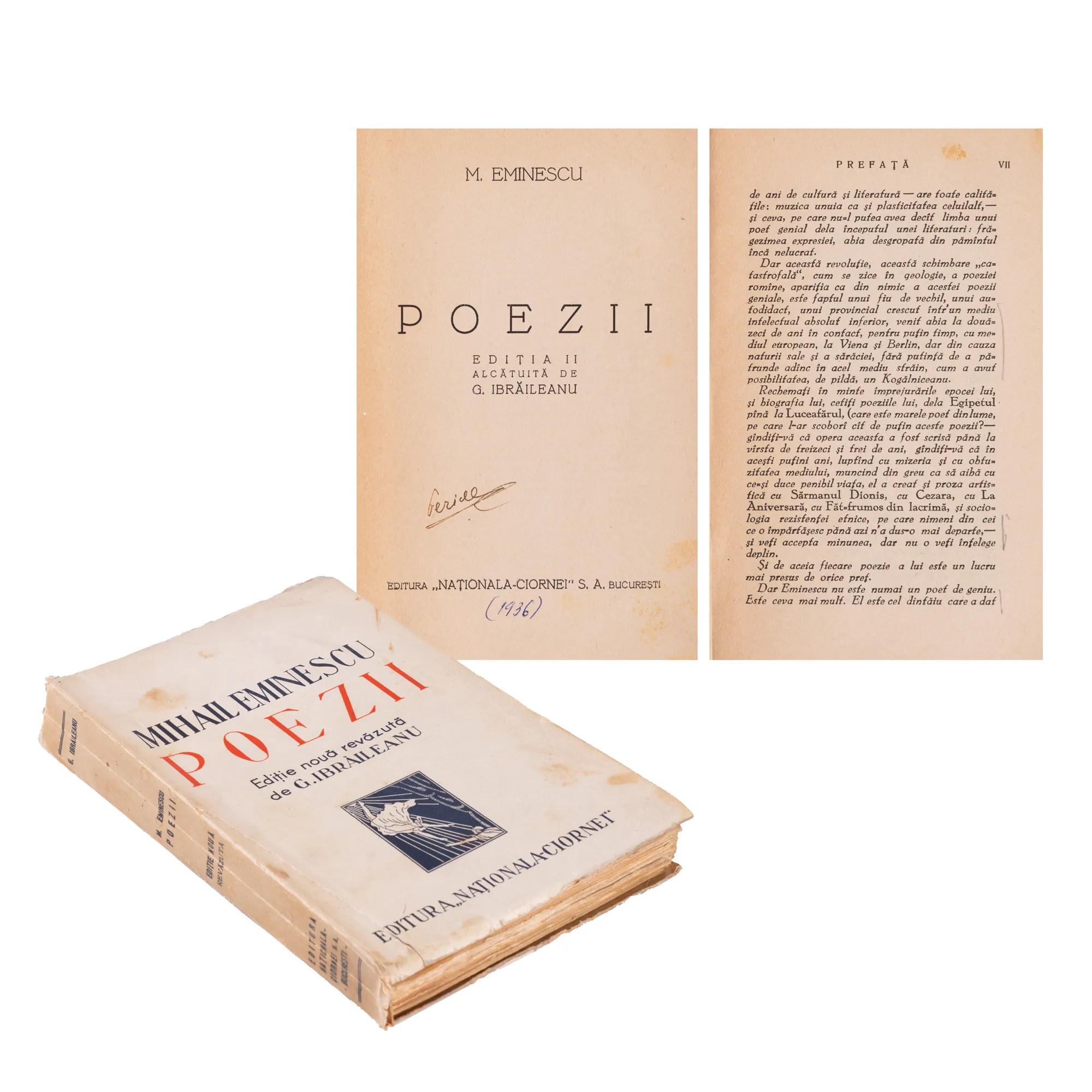 ”Poezii”, de Mihai Eminescu, ediție îngrijită de G. Ibrăileanu, București, 1936, cu ex-librisul scriitorului Pericle Martinescu din a cărui colecție provine 