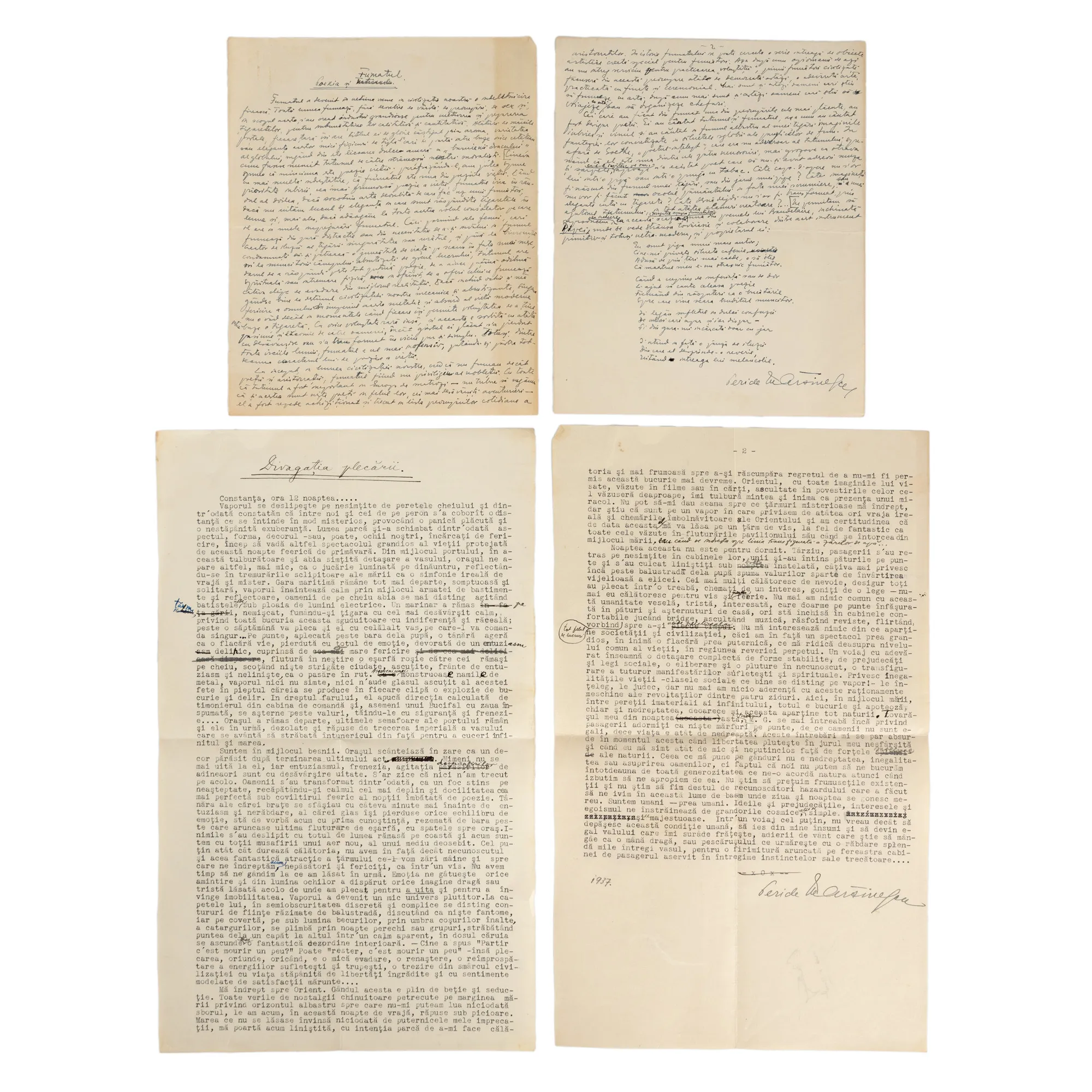 Lot format din manuscris olograf ”Poezia și fumatul” și o dactilogramă ”Divagația plecării”, de Pericle Martinescu, 1937, ambele semnate olograf (4 file)