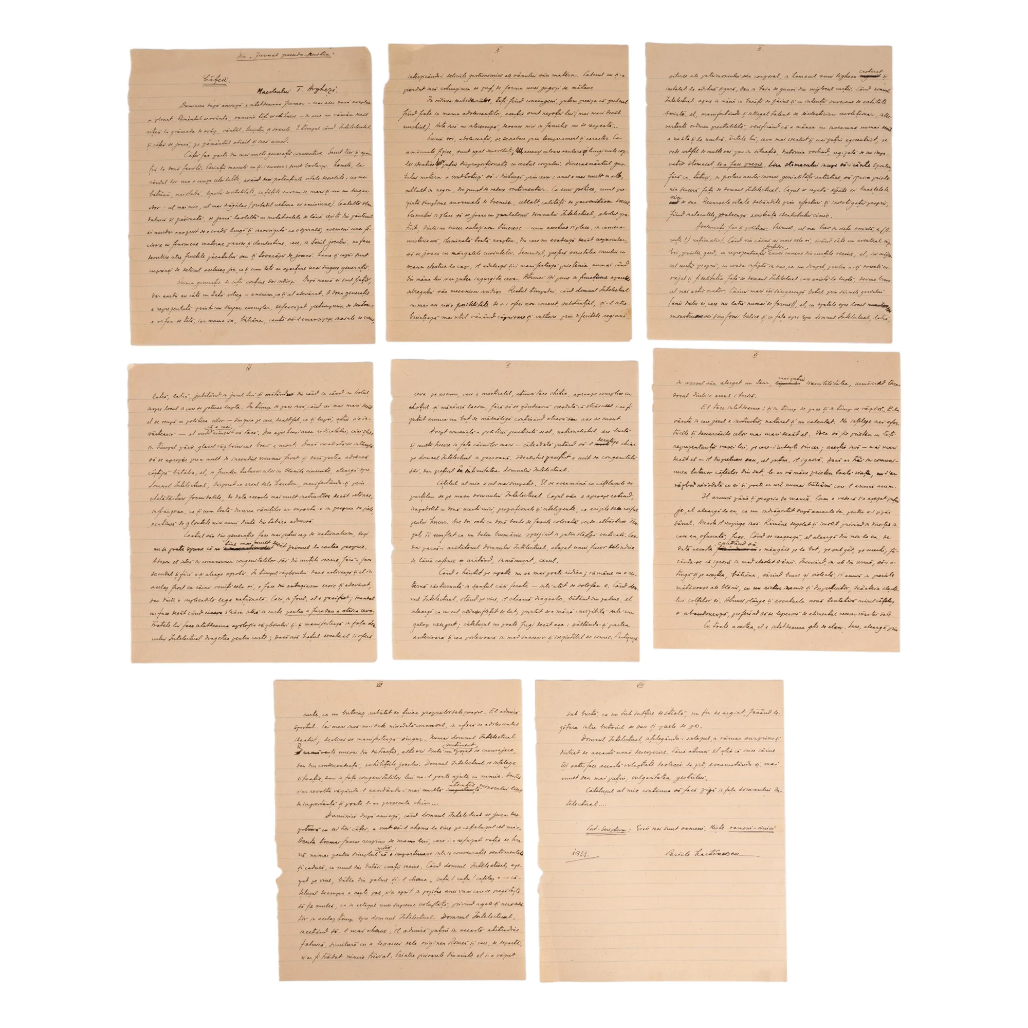 Manuscris ”Cățeii”, dedicat maestrului Tudor Arghezi, de Pericle Martinescu, 1933 (8 file)